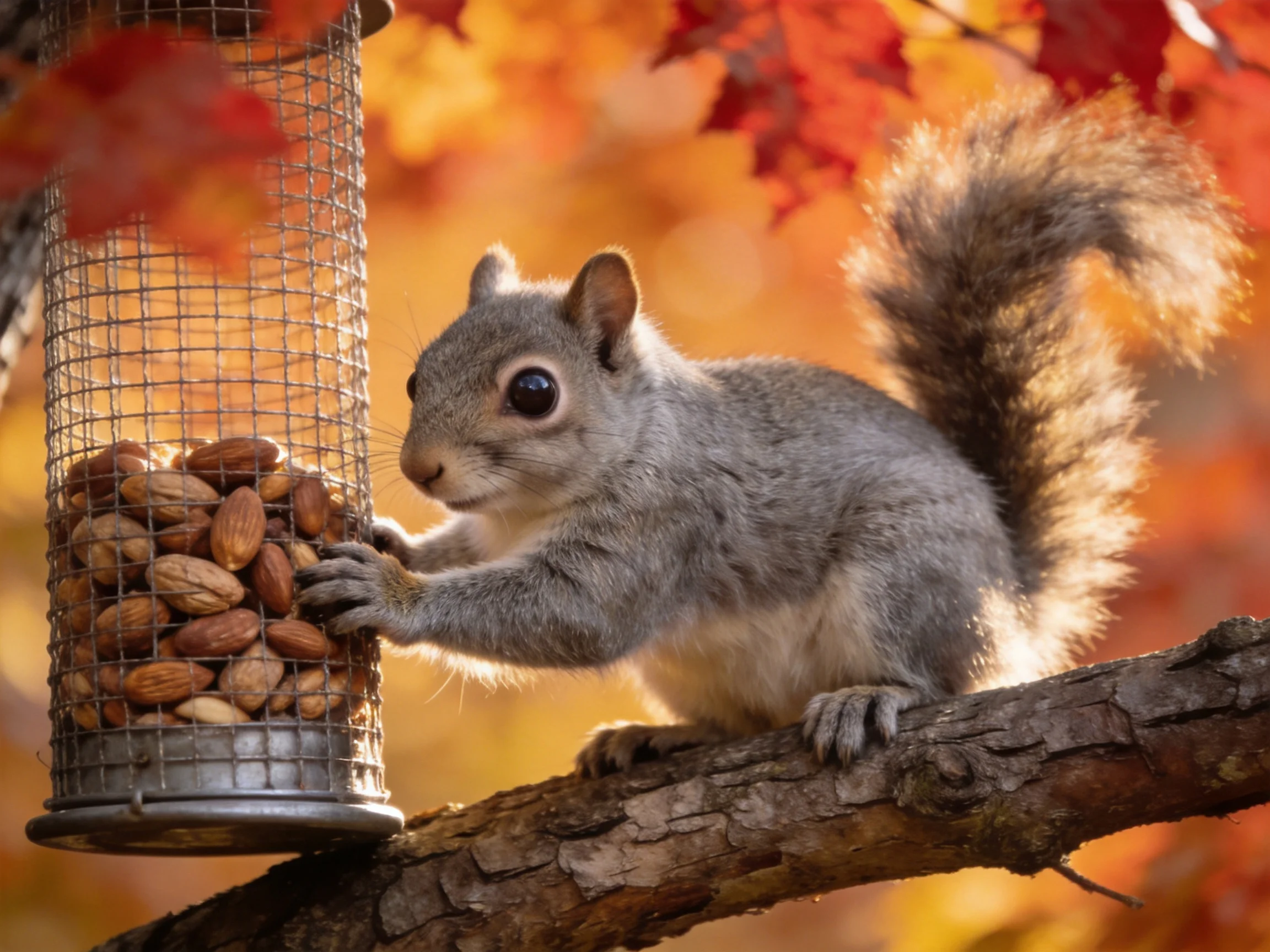 A gray squirrel interacting with a nut-filled bird feeder amidst autumn foliage