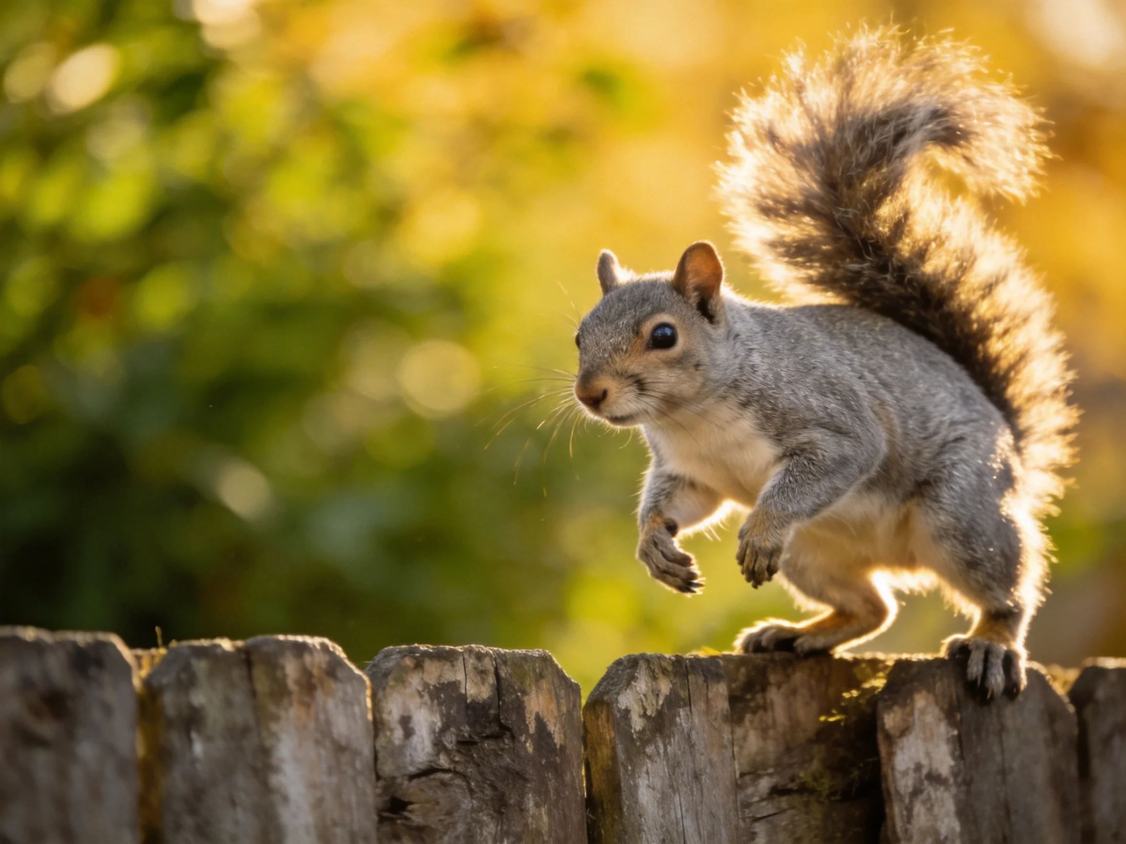A gray squirrel leaps atop a weathered wooden fence in golden sunlight