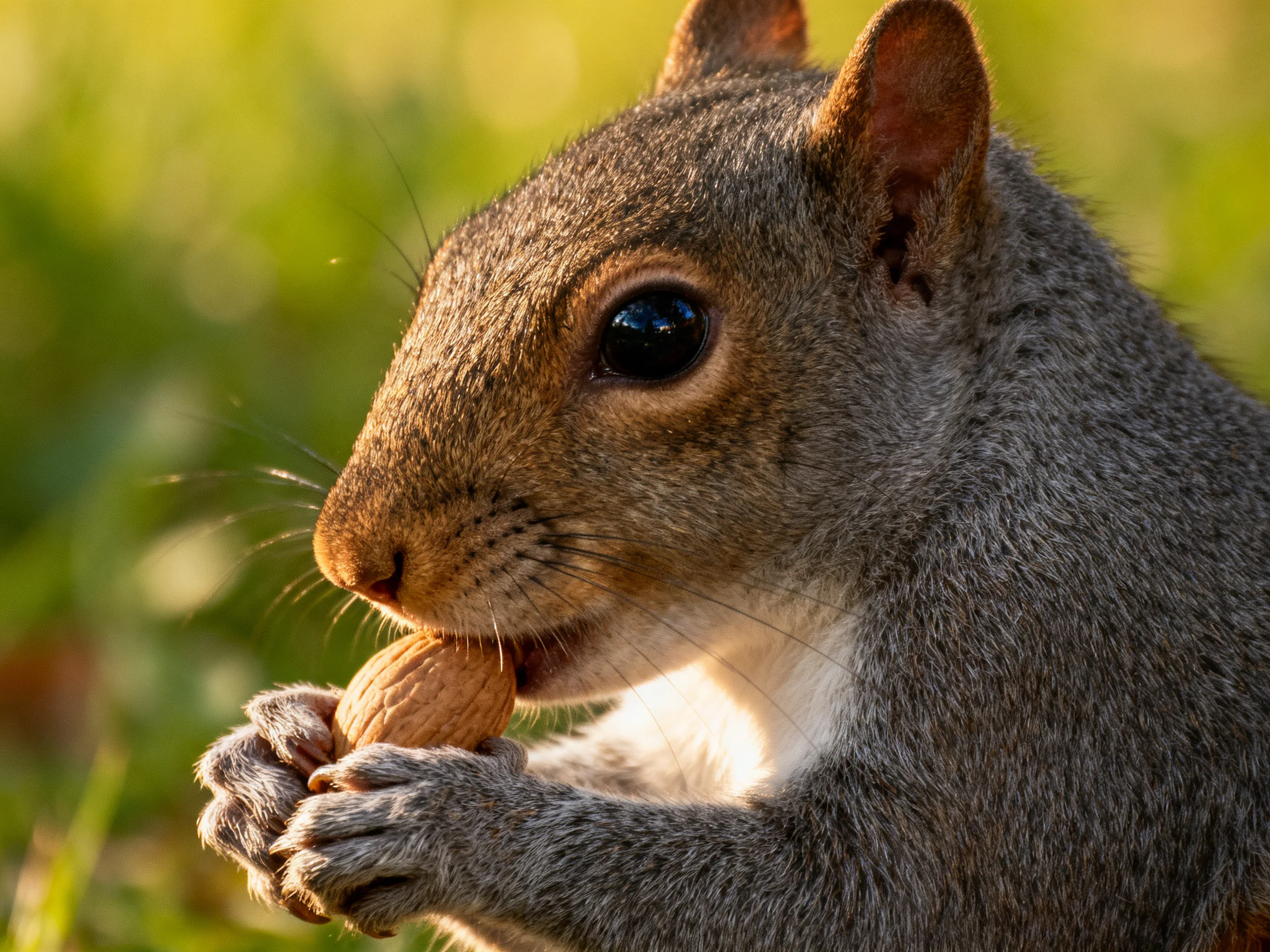 A gray squirrel nibbles a brown nut amid green foliage