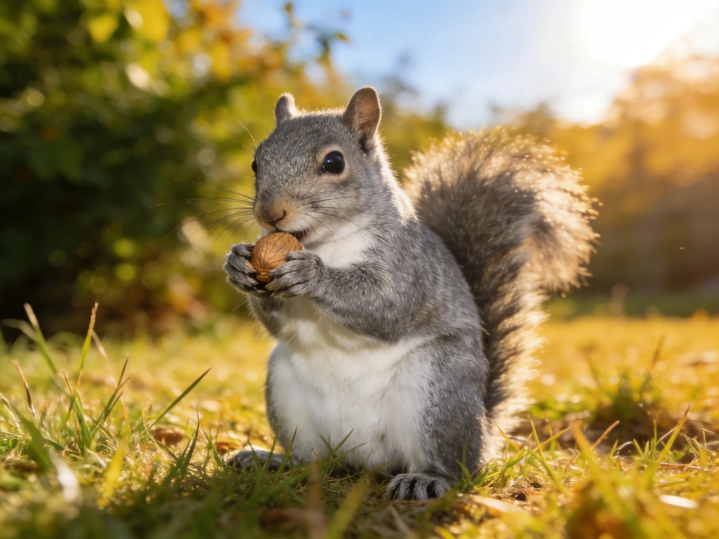 A gray squirrel nibbles a brown nut on sun-drenched grass