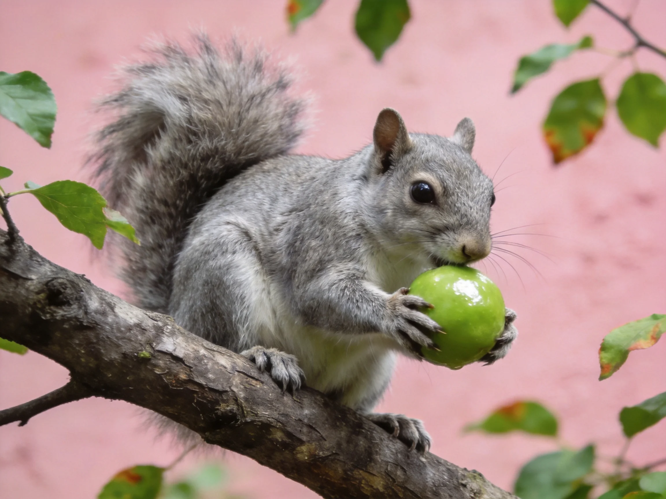 A gray squirrel nibbles a green apple on a gnarled tree branch