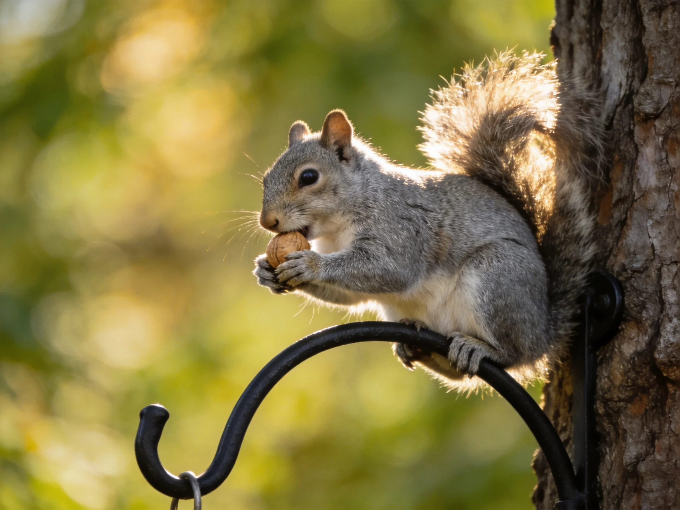 A gray squirrel eats a nut while perched on a metal hook next to a tree.