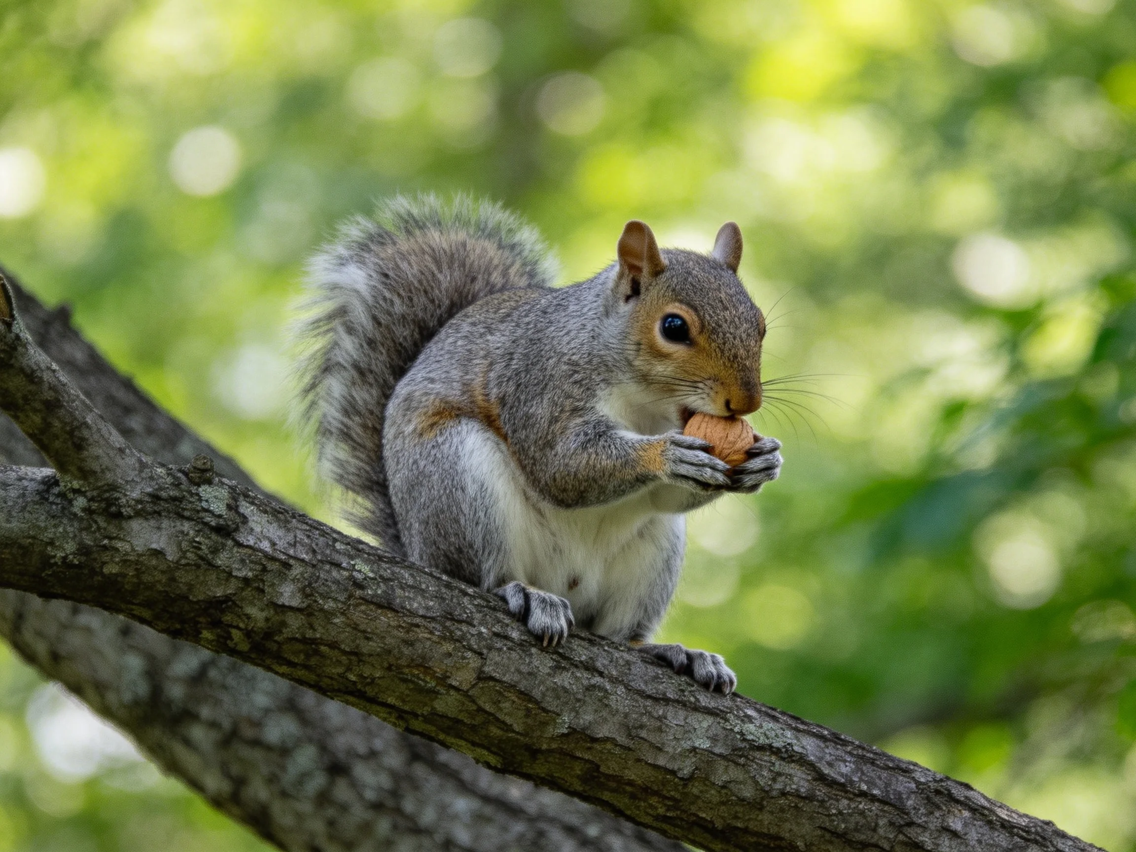A gray squirrel nibbles a nut on a rough-barked tree branch