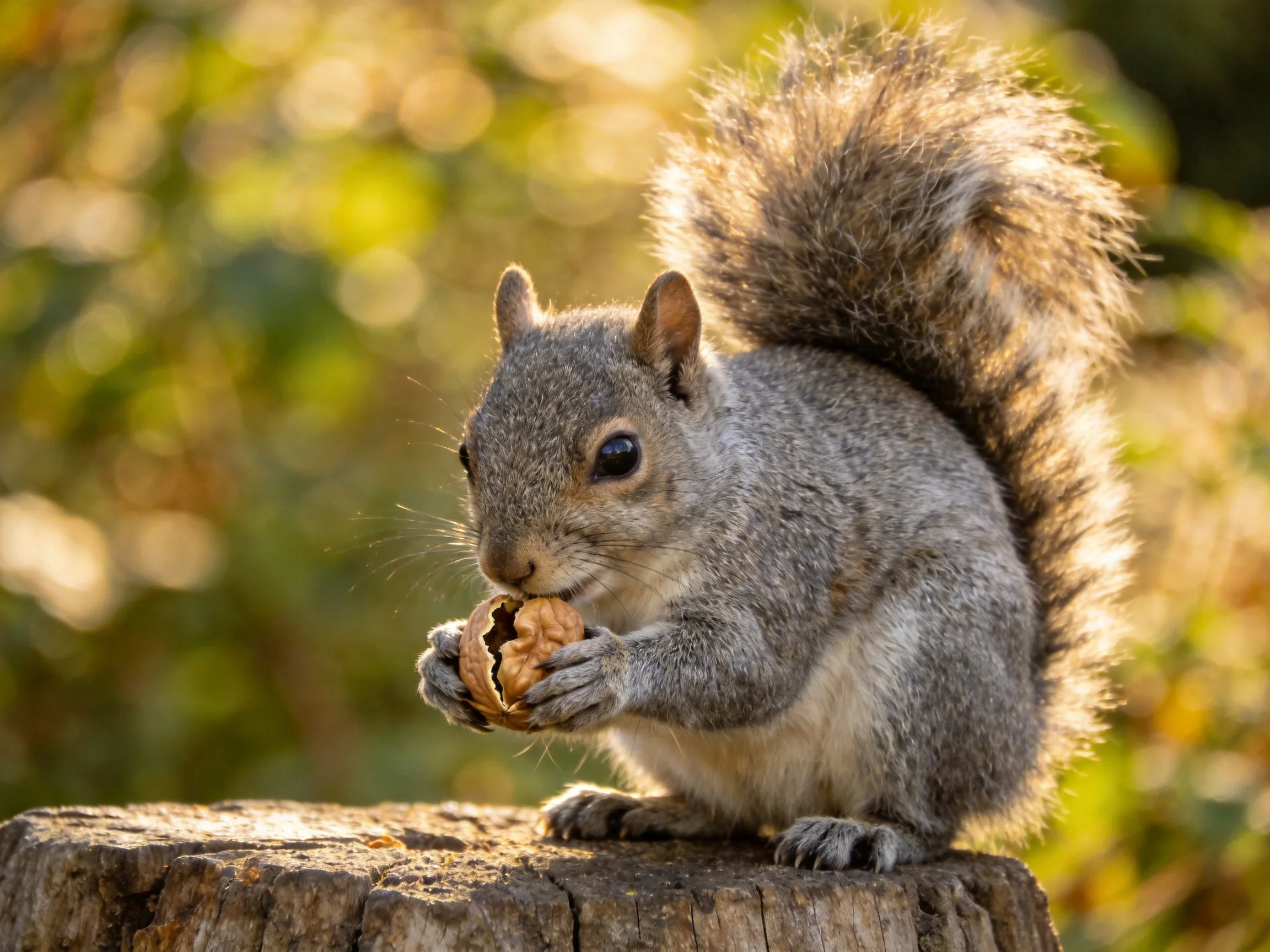 A gray squirrel nibbles a walnut atop a weathered tree stump