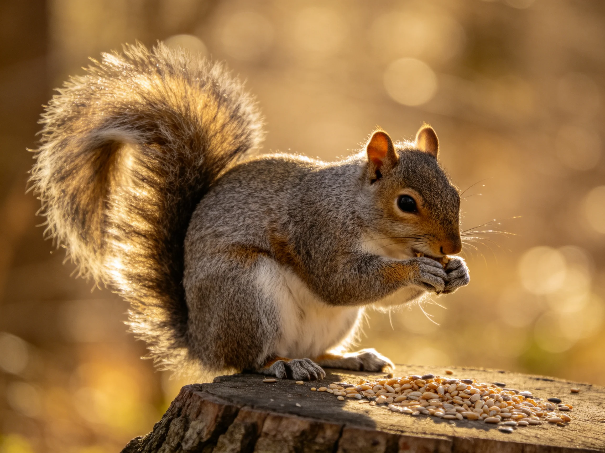 A gray squirrel nibbles seeds atop a wooden stump in golden light