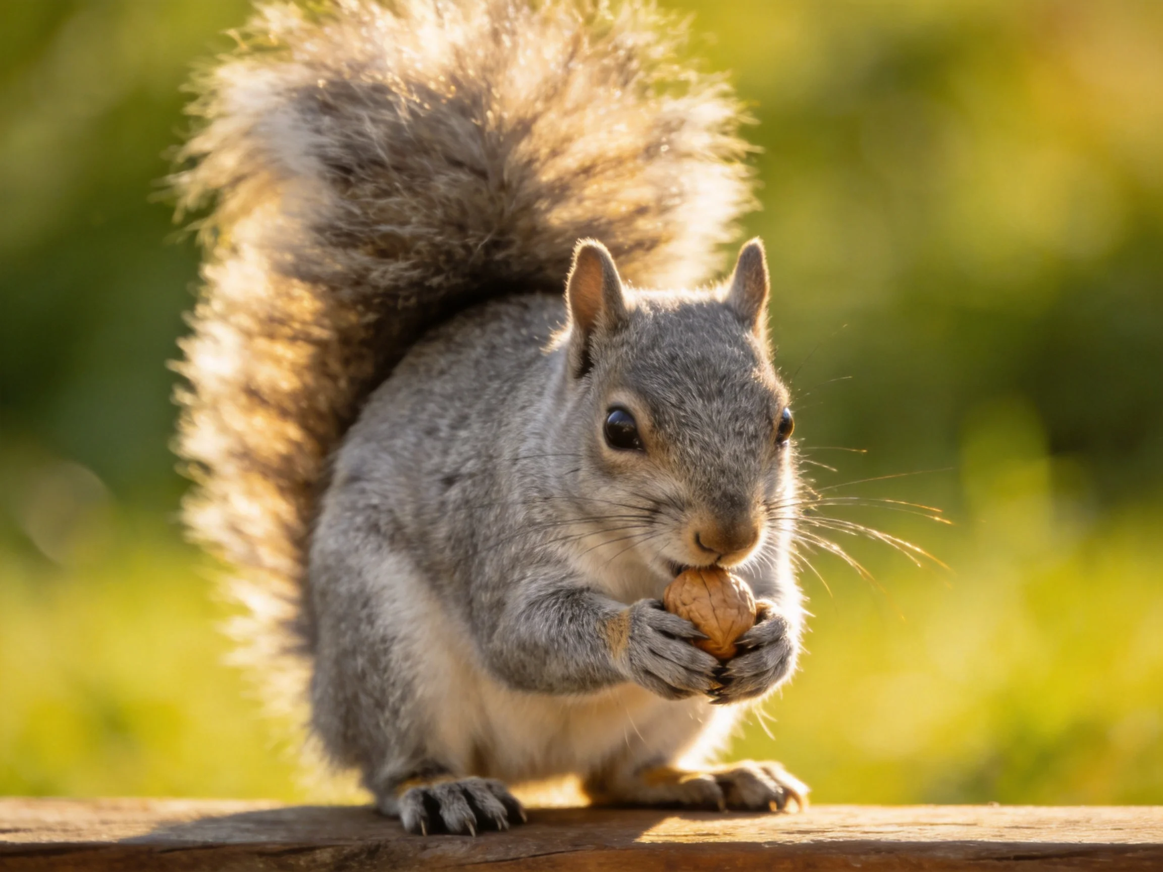 A gray squirrel nibbling a brown nut on a wooden ledge