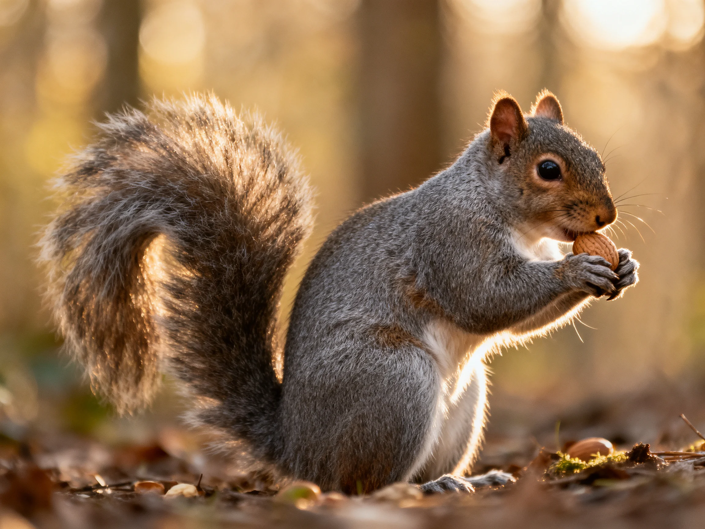 A gray squirrel nibbling a nut in a sunlit forest clearing