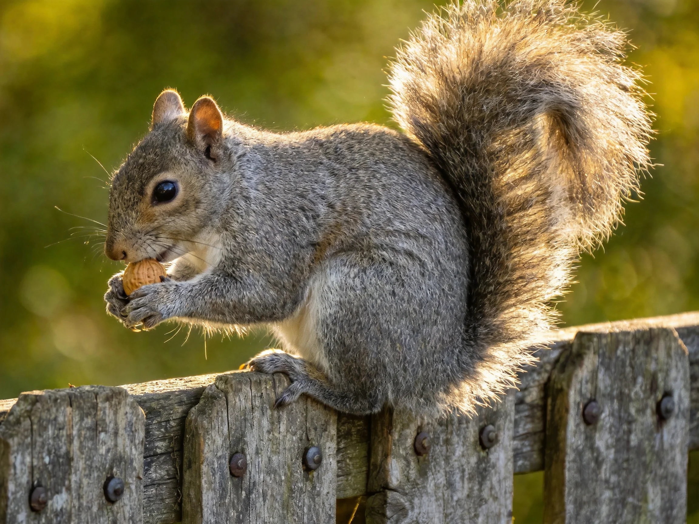 A gray squirrel nibbling a nut on an aged wooden fence