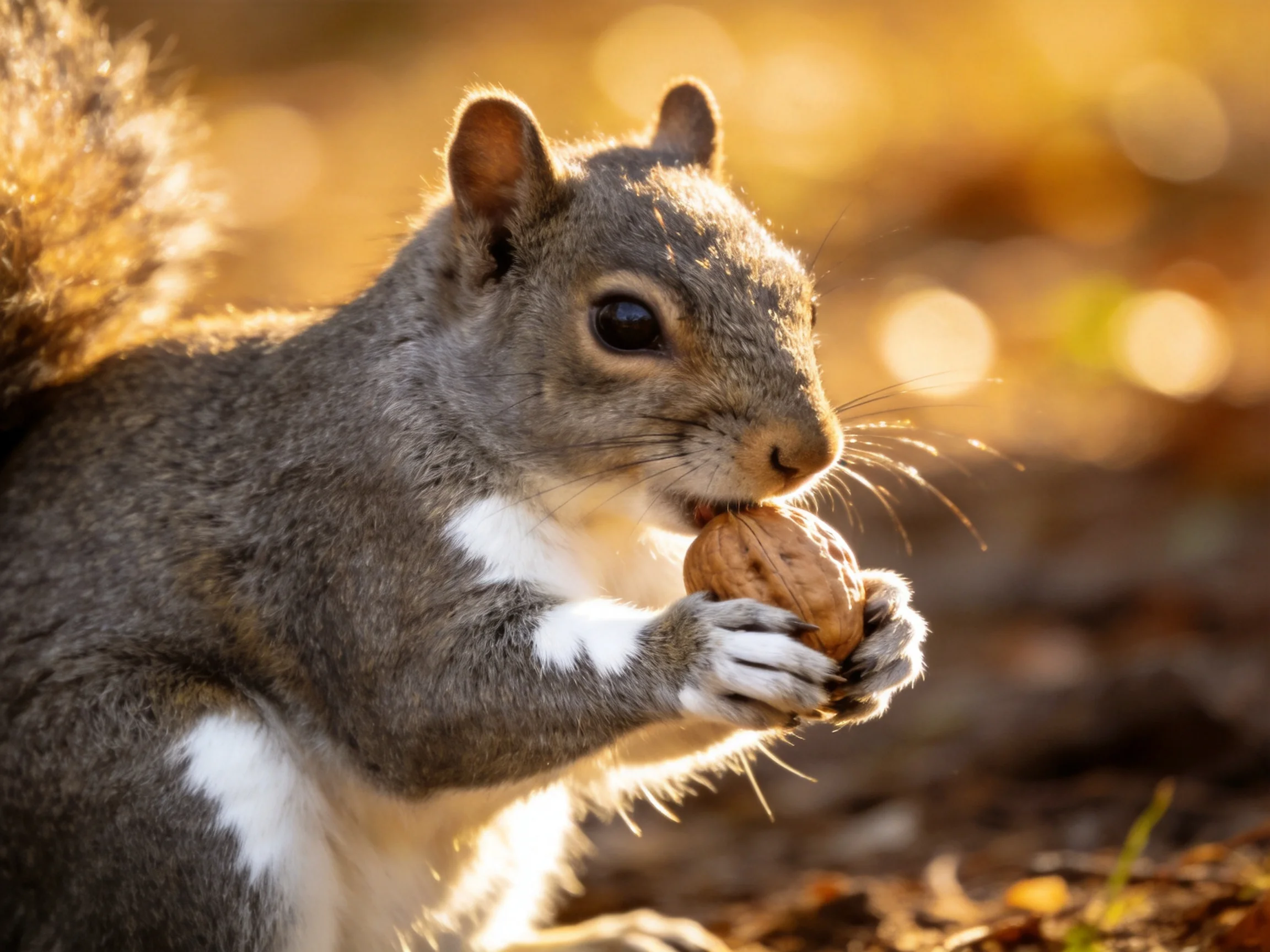 A gray squirrel nibbling a walnut amid golden autumn bokeh