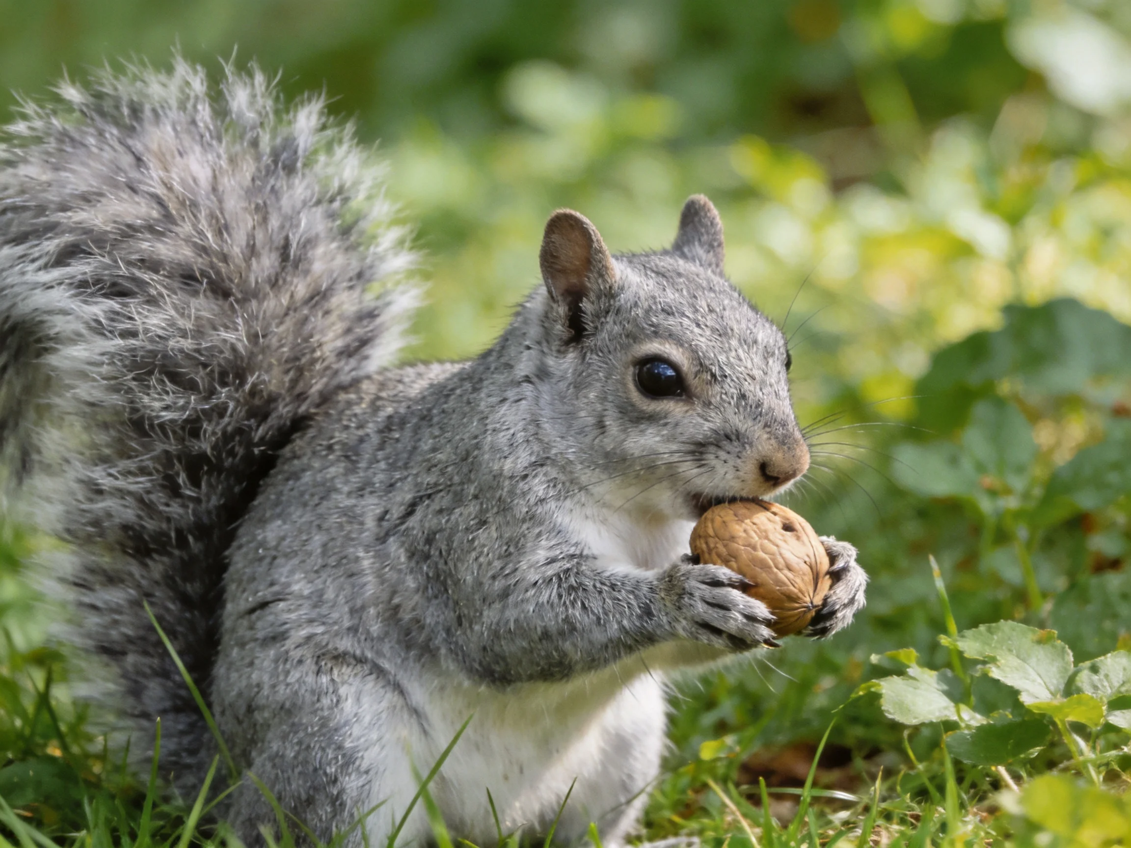 A gray squirrel nibbling a walnut amid lush greenery