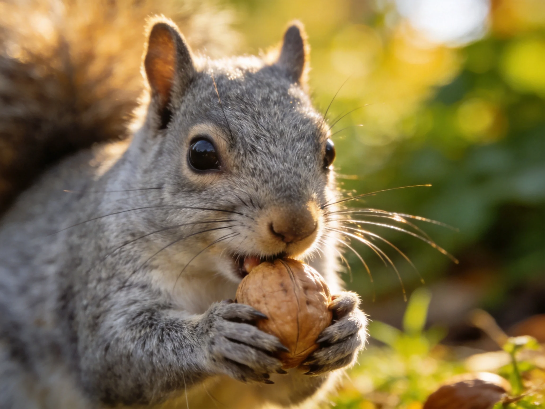 A gray squirrel nibbling a walnut in a sunlit natural setting