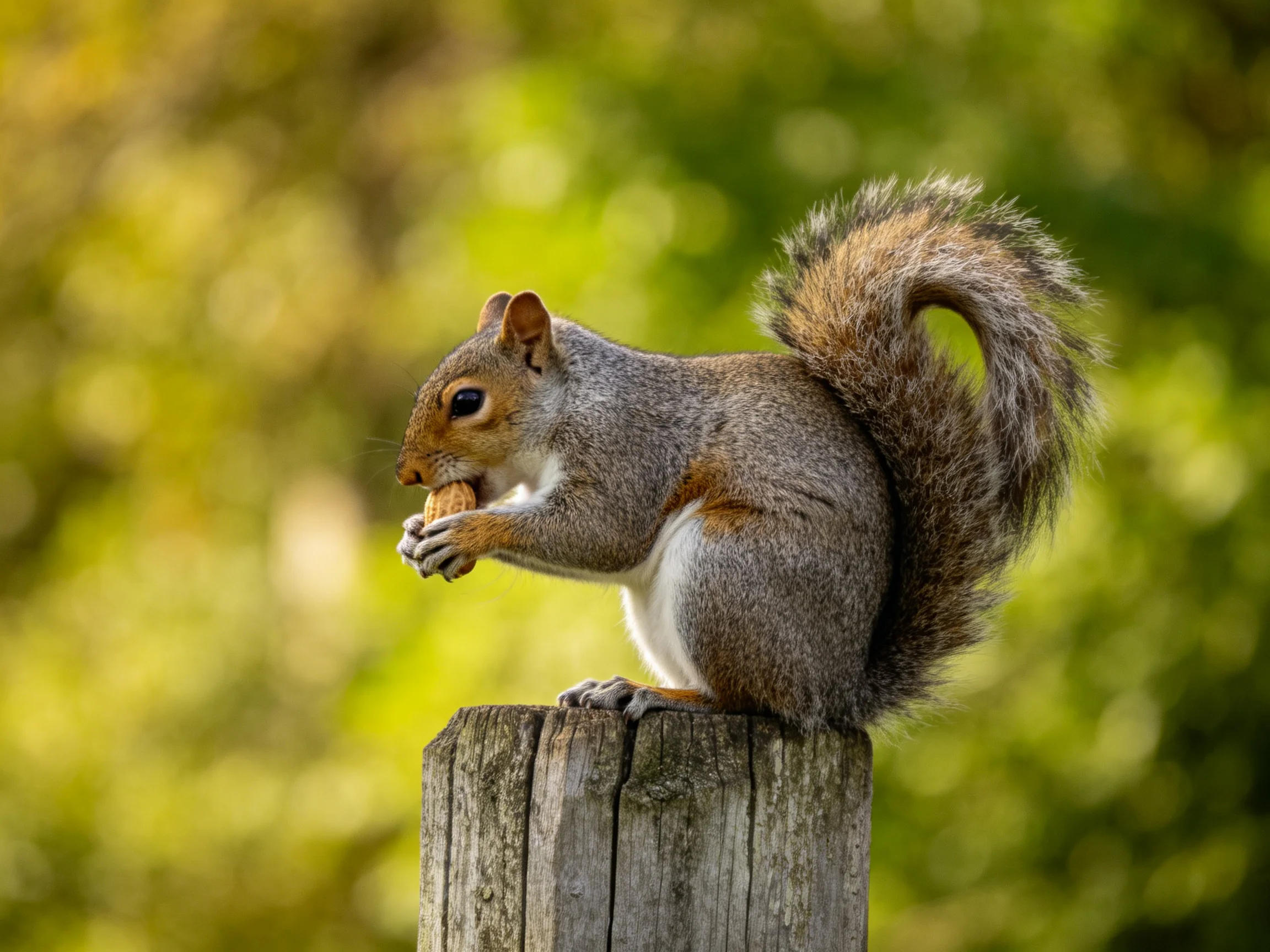 A gray squirrel nibbling nuts on a weathered wooden post