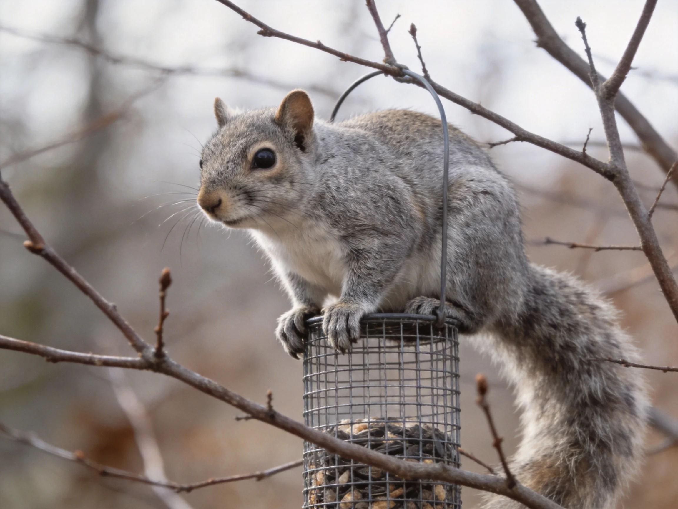 A gray squirrel perched atop a wire bird feeder among bare tree branches