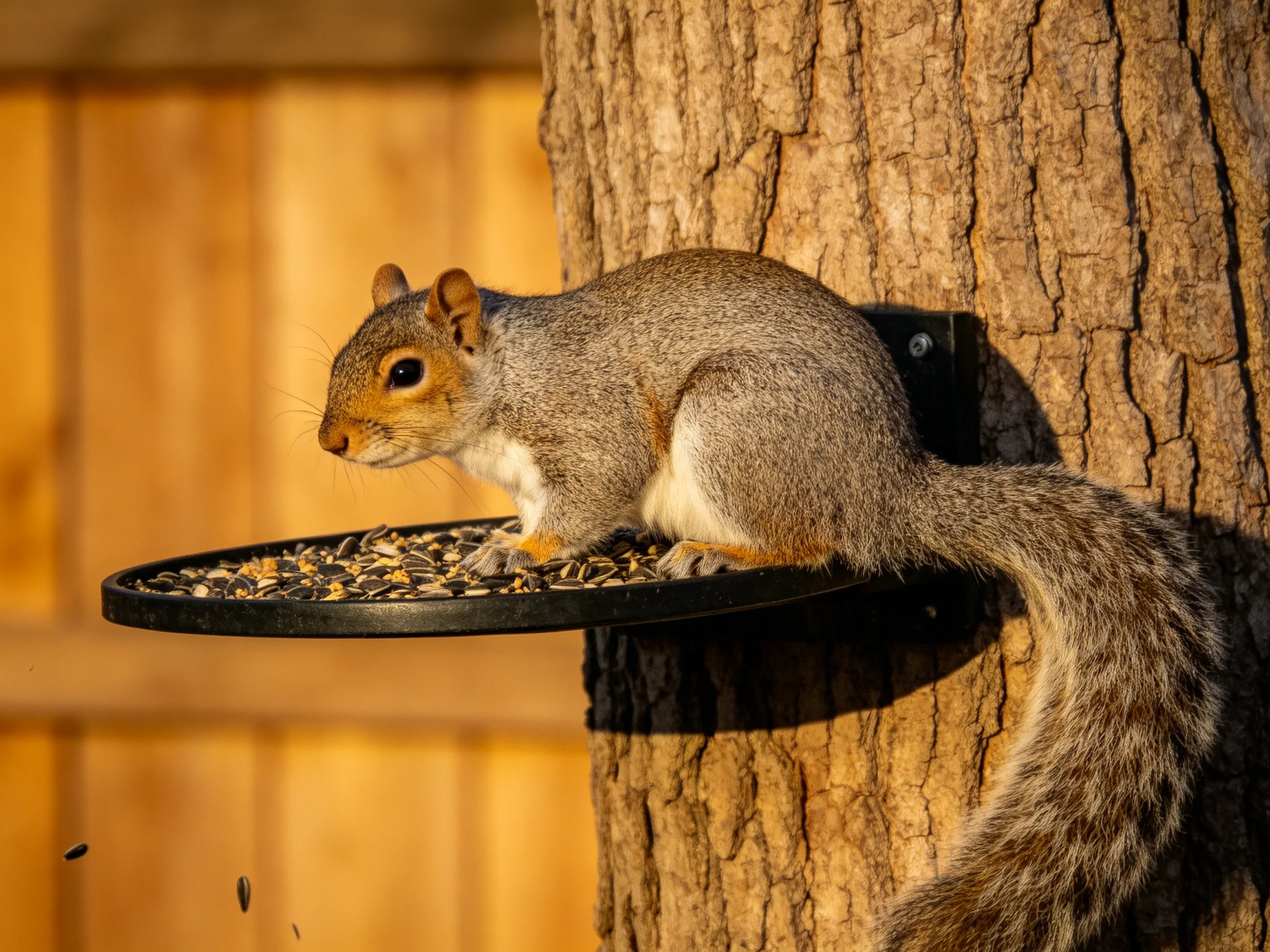 A gray squirrel feeds from a feeder attached to a tree in bright daylight.
