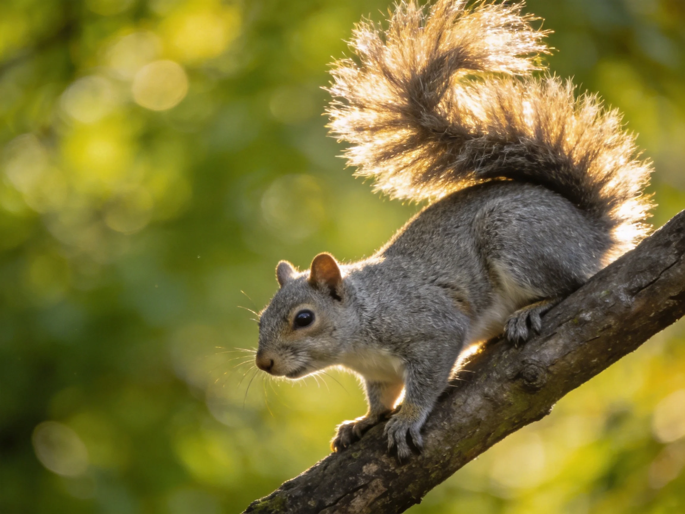 A gray squirrel perched on a dark tree branch with a bushy tail