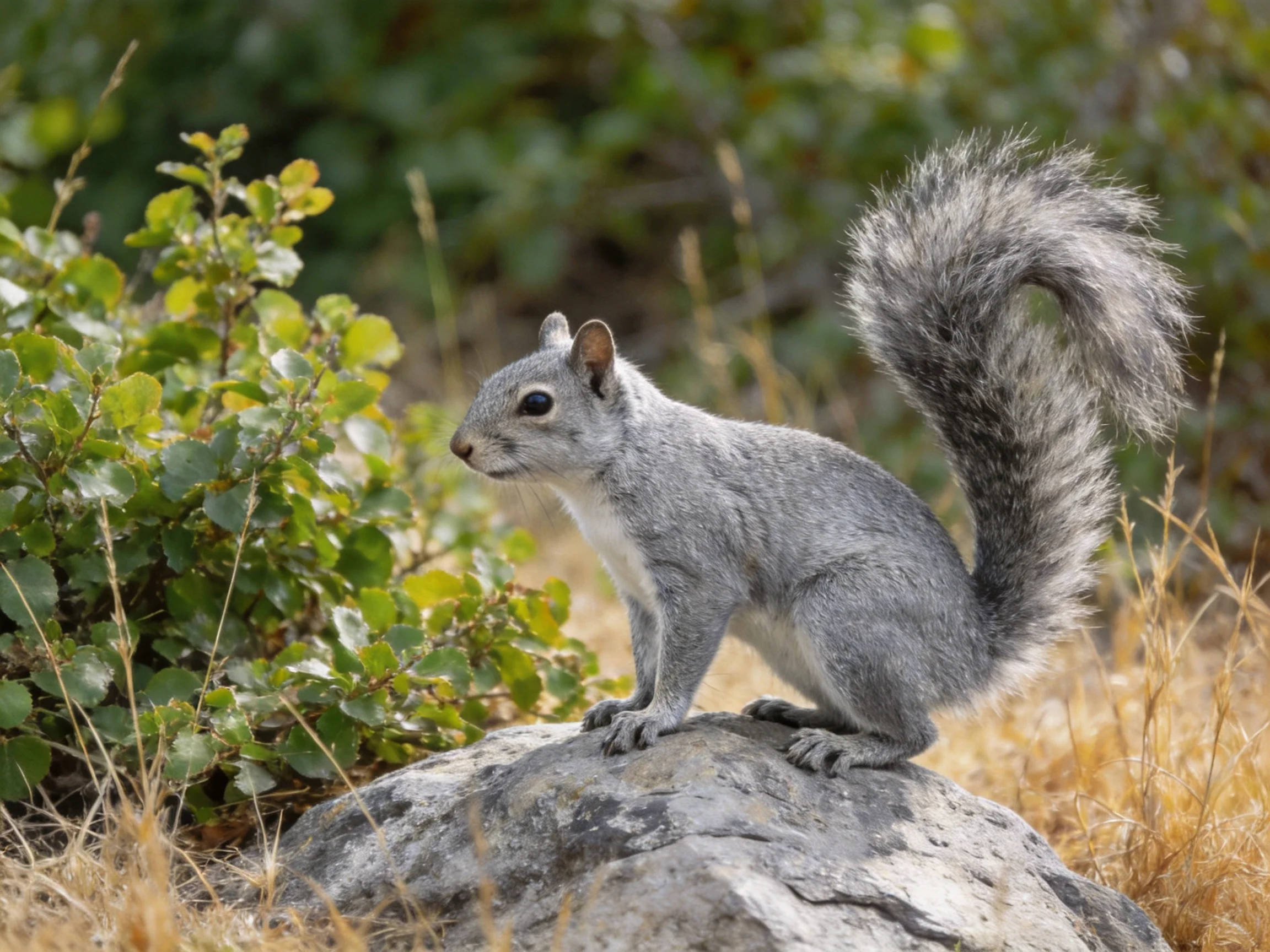 A gray squirrel stands on a rock amid vegetation.