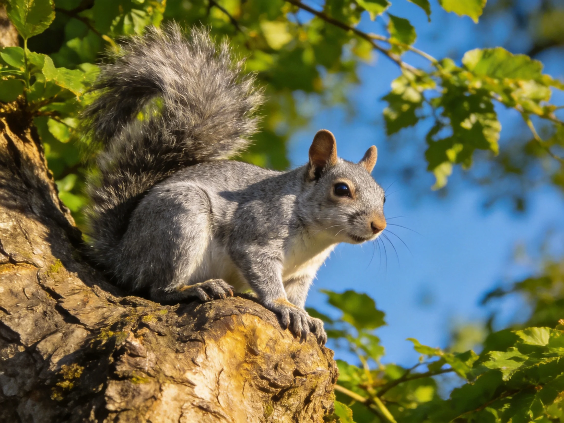 A gray squirrel sits atop a rough tree trunk surrounded by green leaves