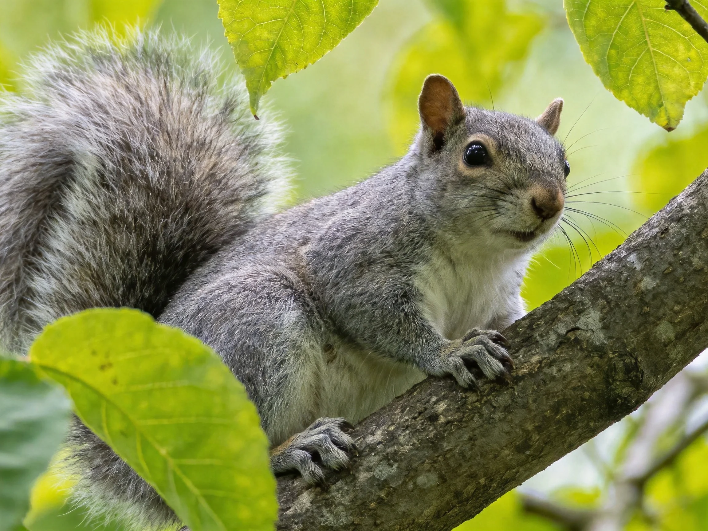 A gray squirrel perched on a tree branch amid bright green foliage