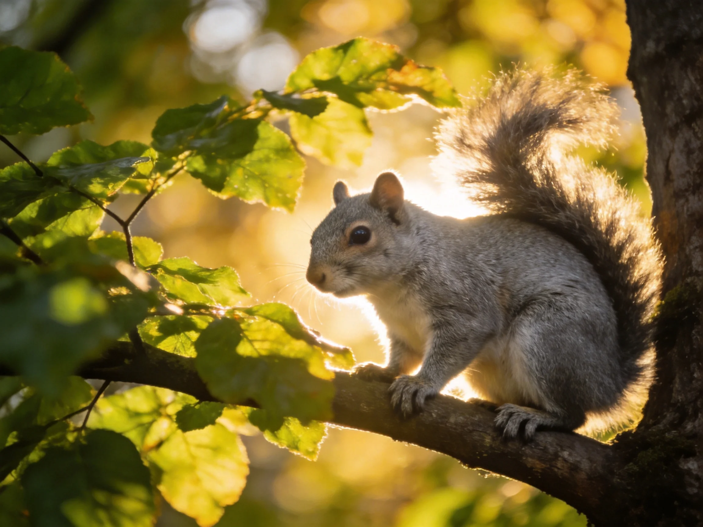 A gray squirrel sits on a tree branch in a sunlit area with green foliage.