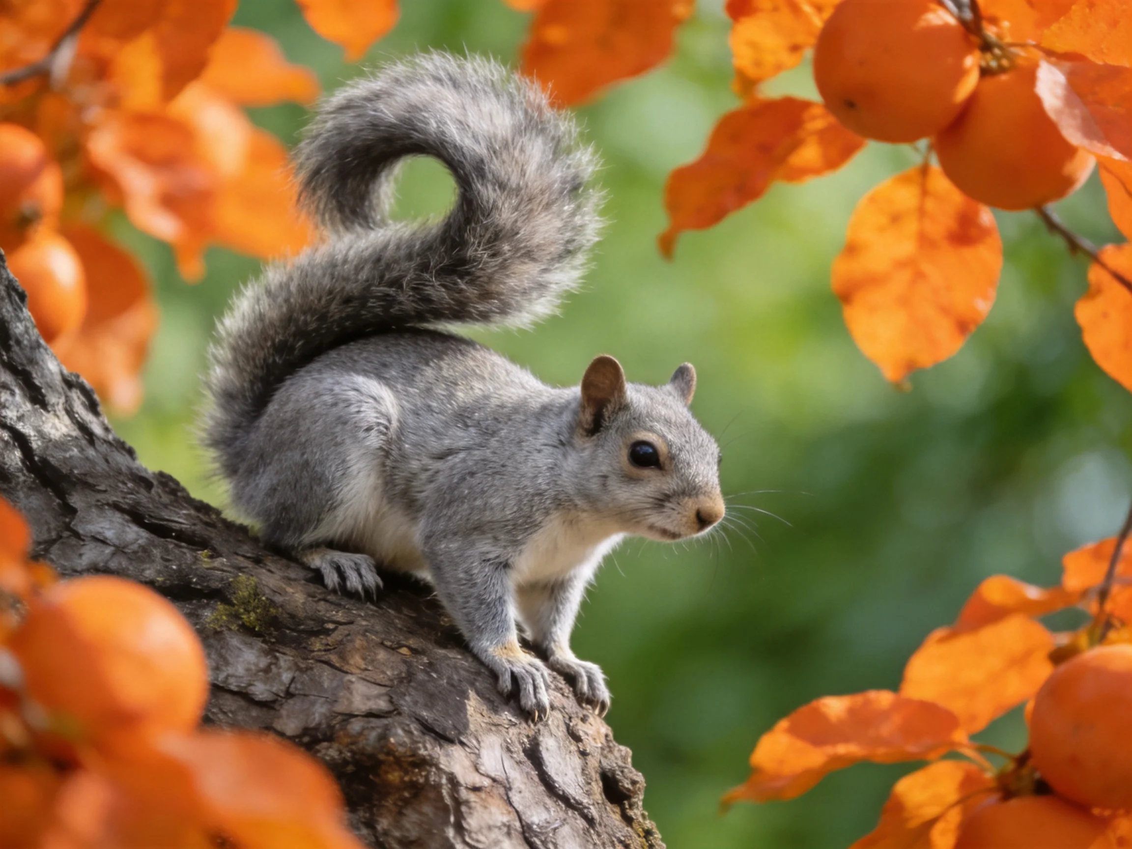 A gray squirrel perched on a tree trunk amid vibrant orange foliage
