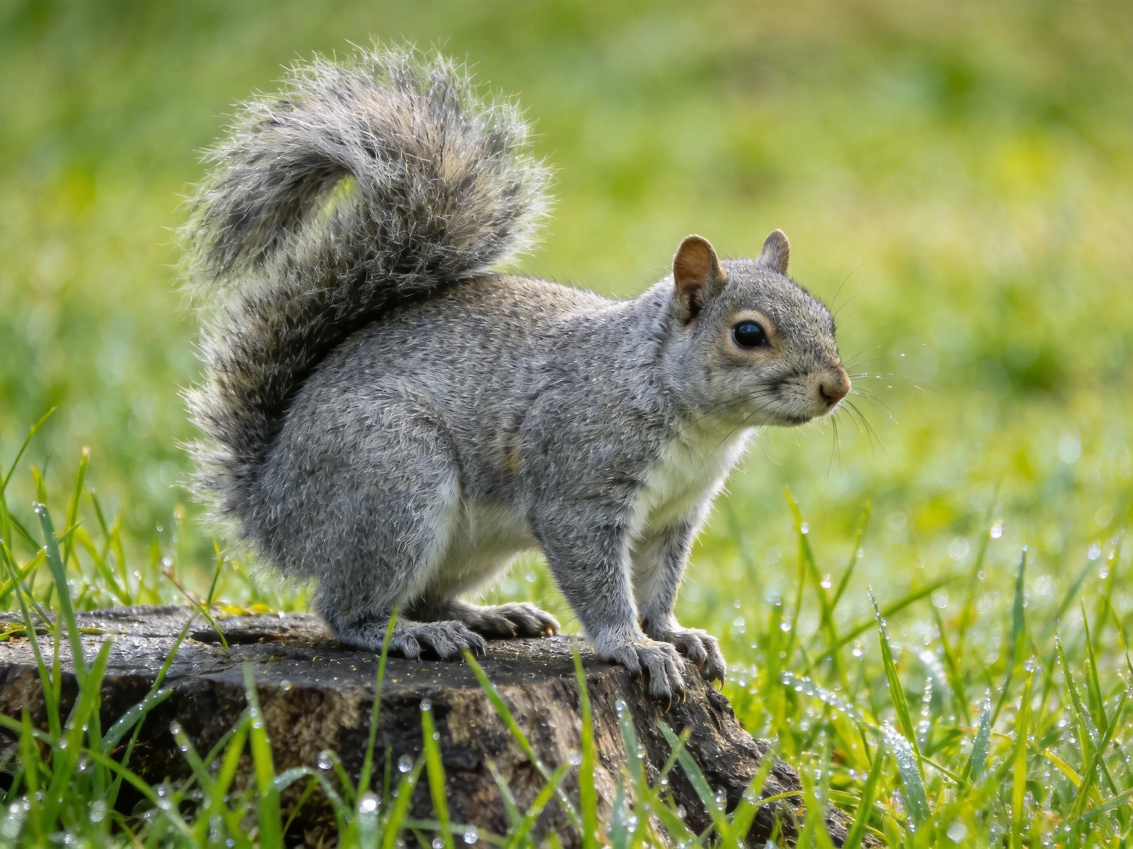 A gray squirrel stands alertly on a tree stump surrounded by lush green grass.
