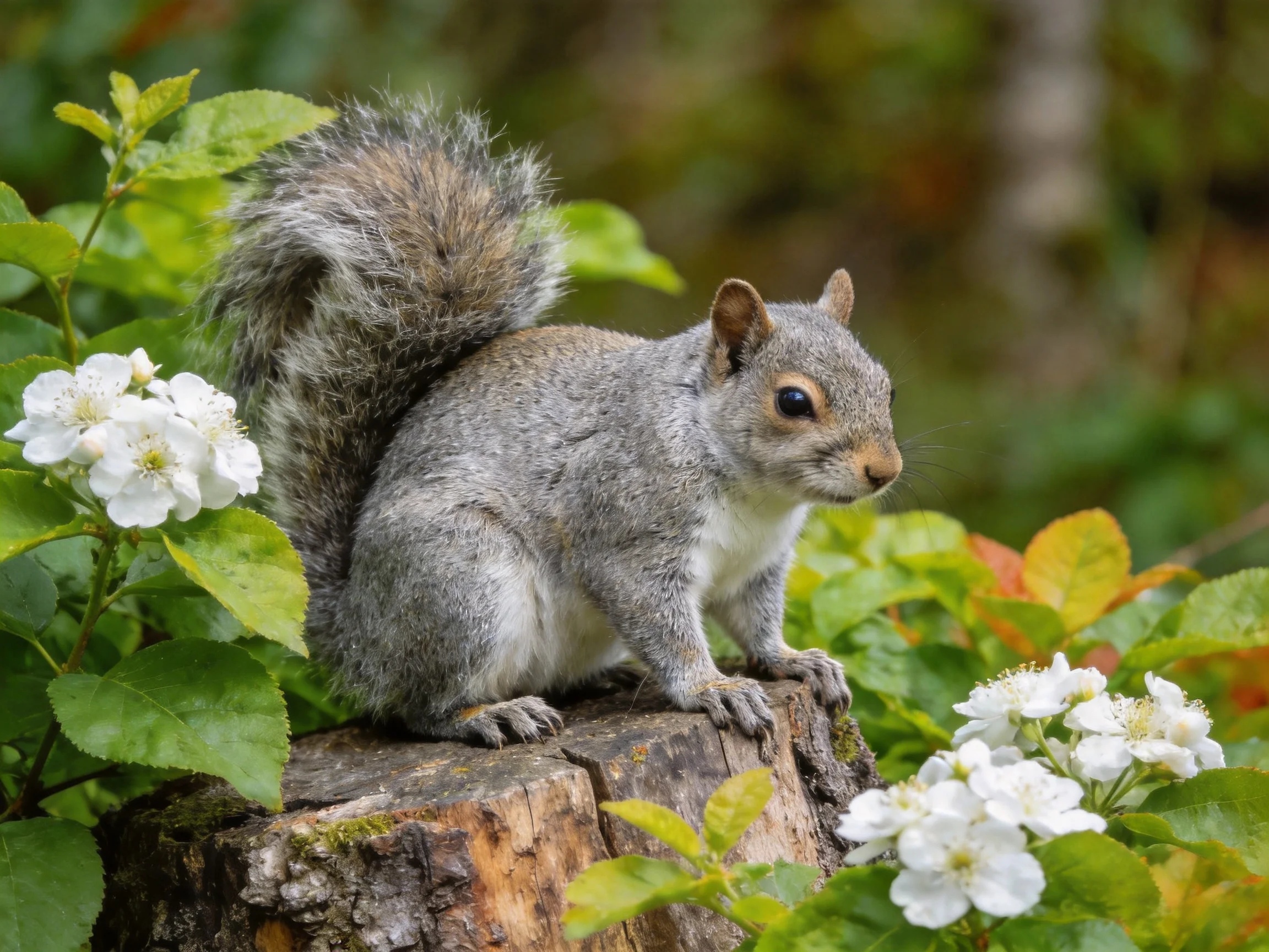 A gray squirrel perched on a weathered tree stump beside white flowering bushes