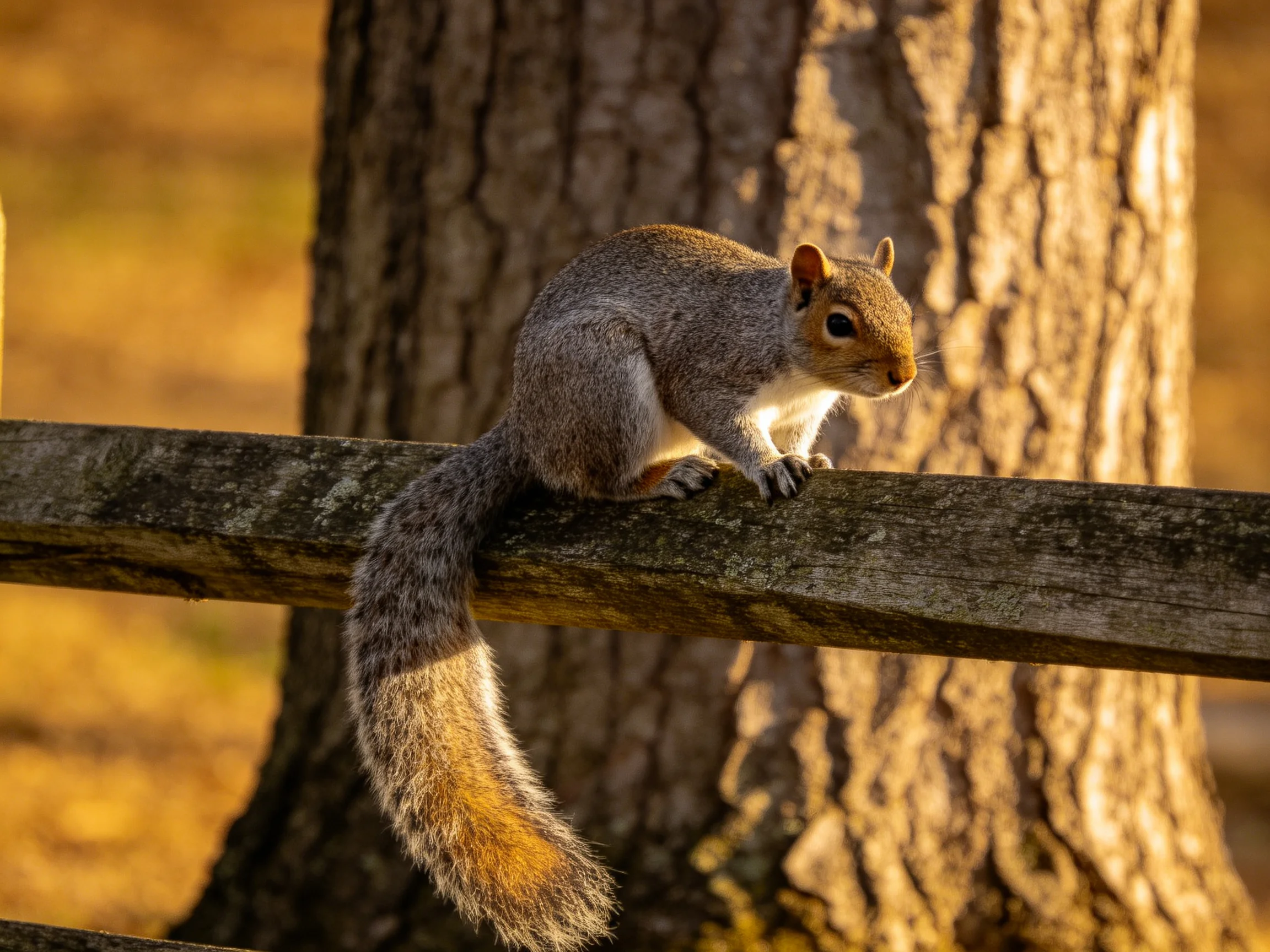 A gray squirrel sits on an old wooden fence beside tall trees