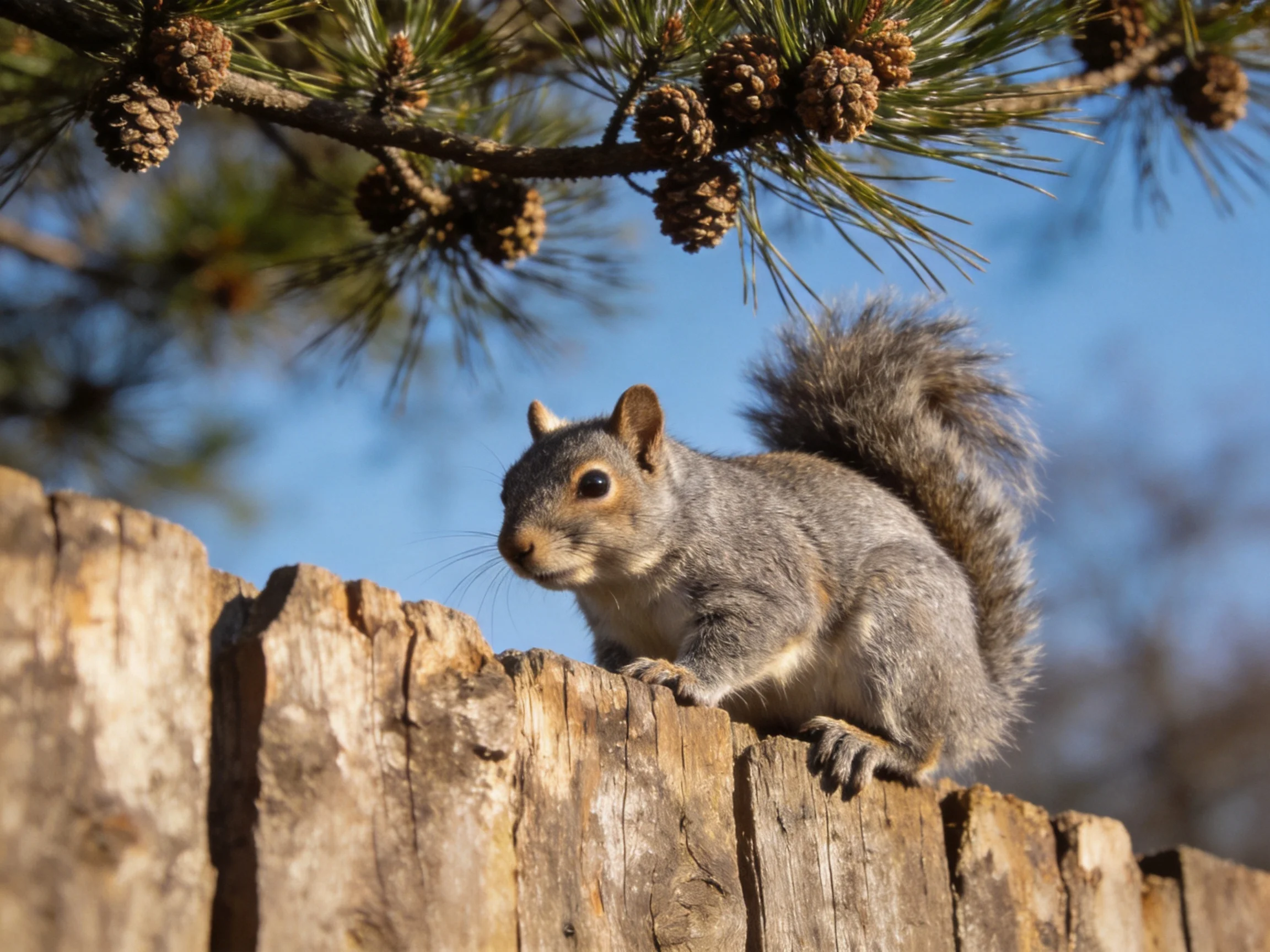 A gray squirrel rests on a weathered wooden fence with pine trees nearby.