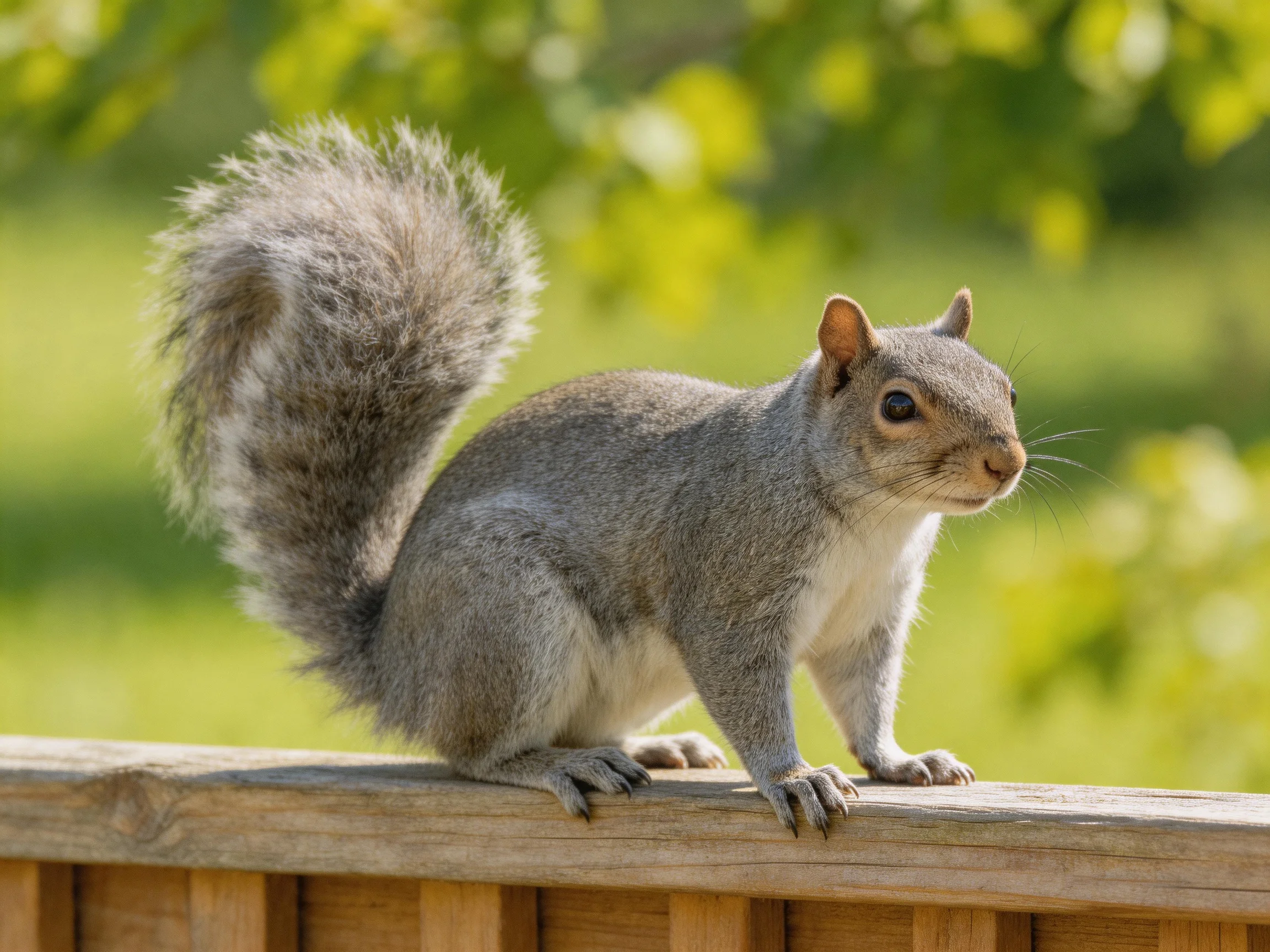 A gray squirrel perched on a wooden fence in a sunny garden
