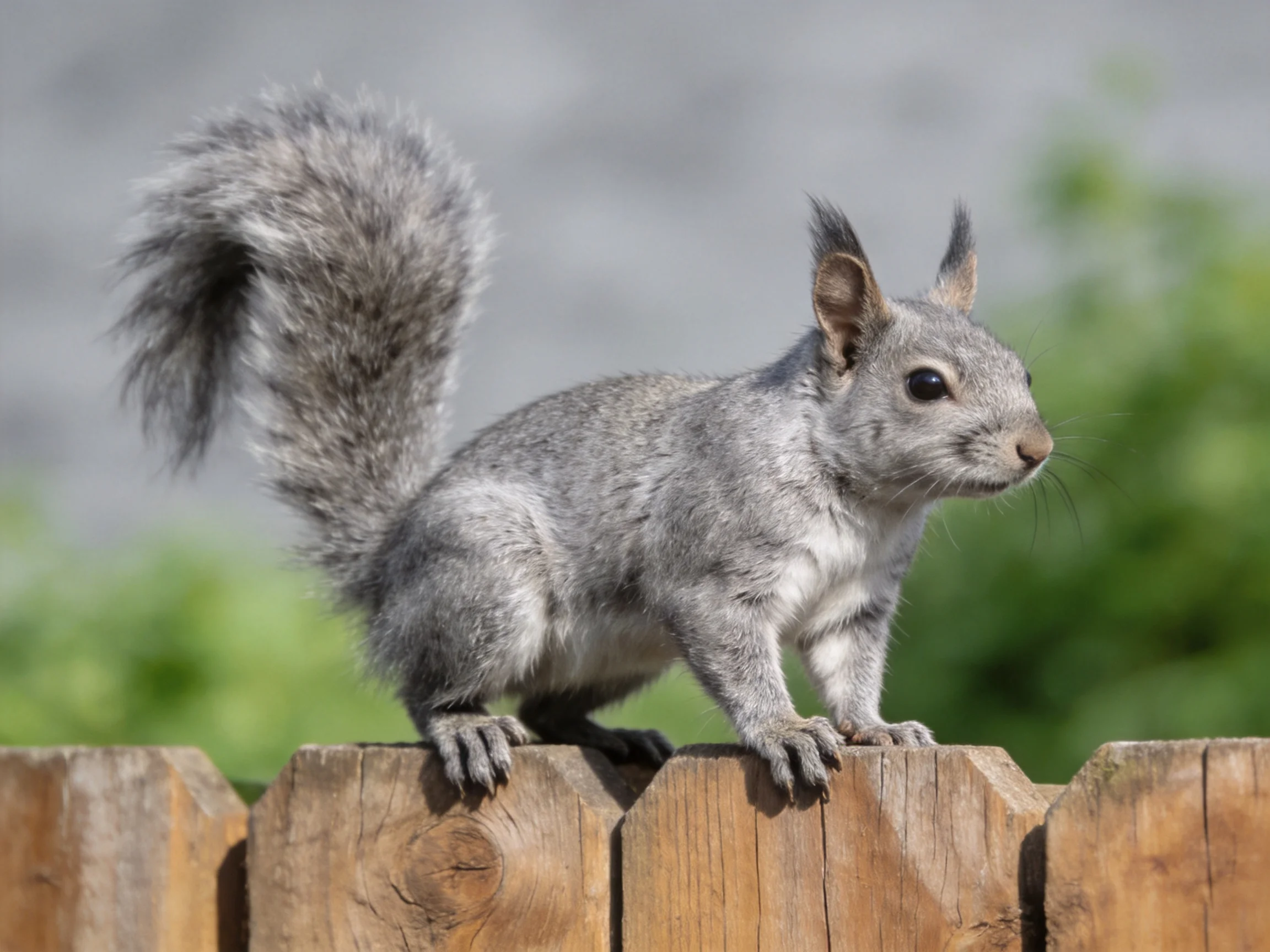 A gray squirrel perches on a wooden fence in a green outdoor setting.