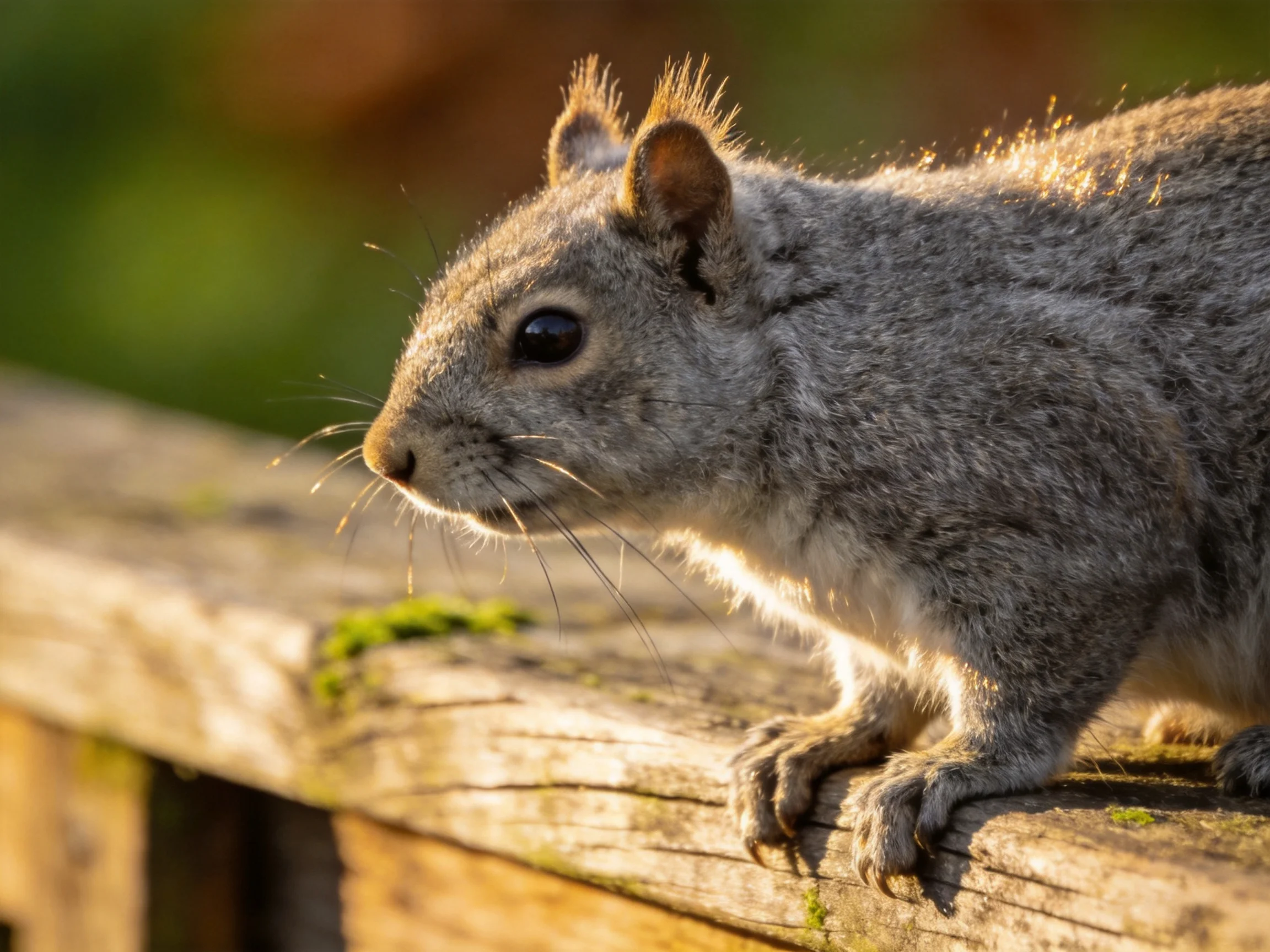 A gray squirrel perched on an aged wooden fence in golden light