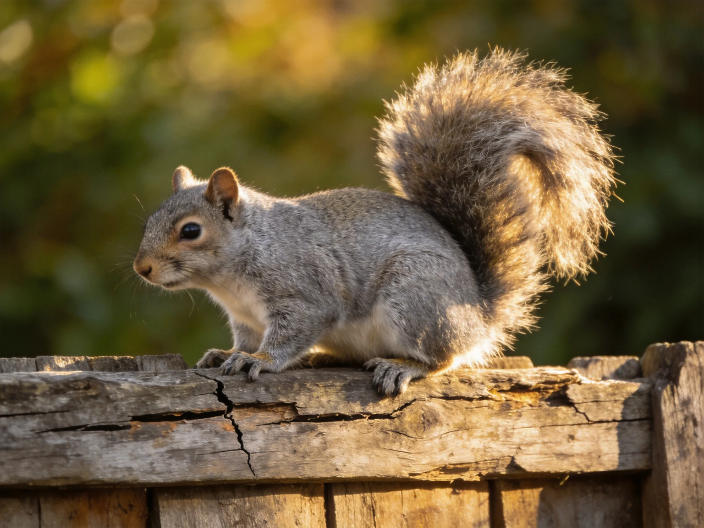 A gray squirrel sits atop a weathered wooden fence in a sunlit outdoor setting.