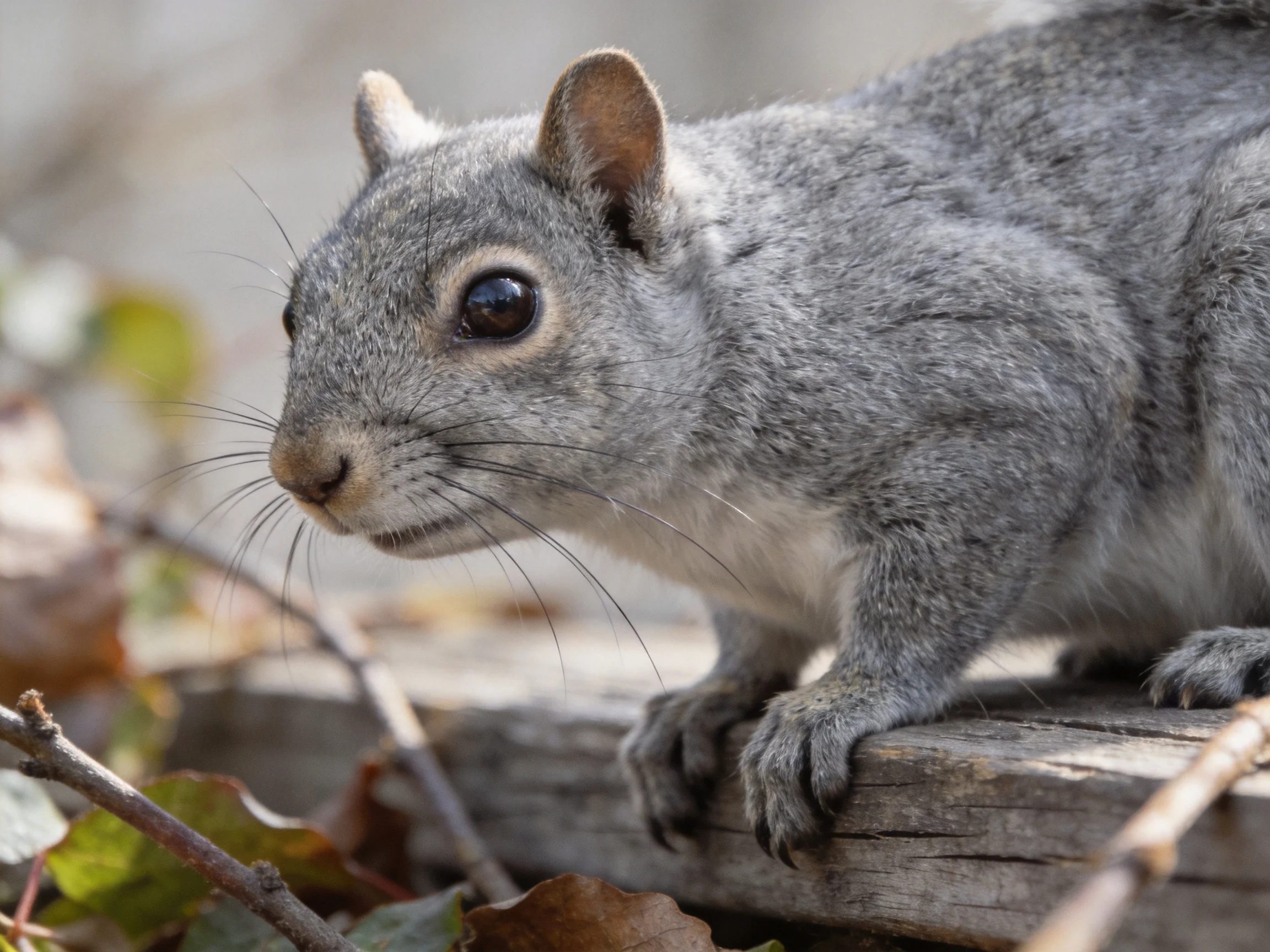 A gray squirrel rests on aged wood amid foliage