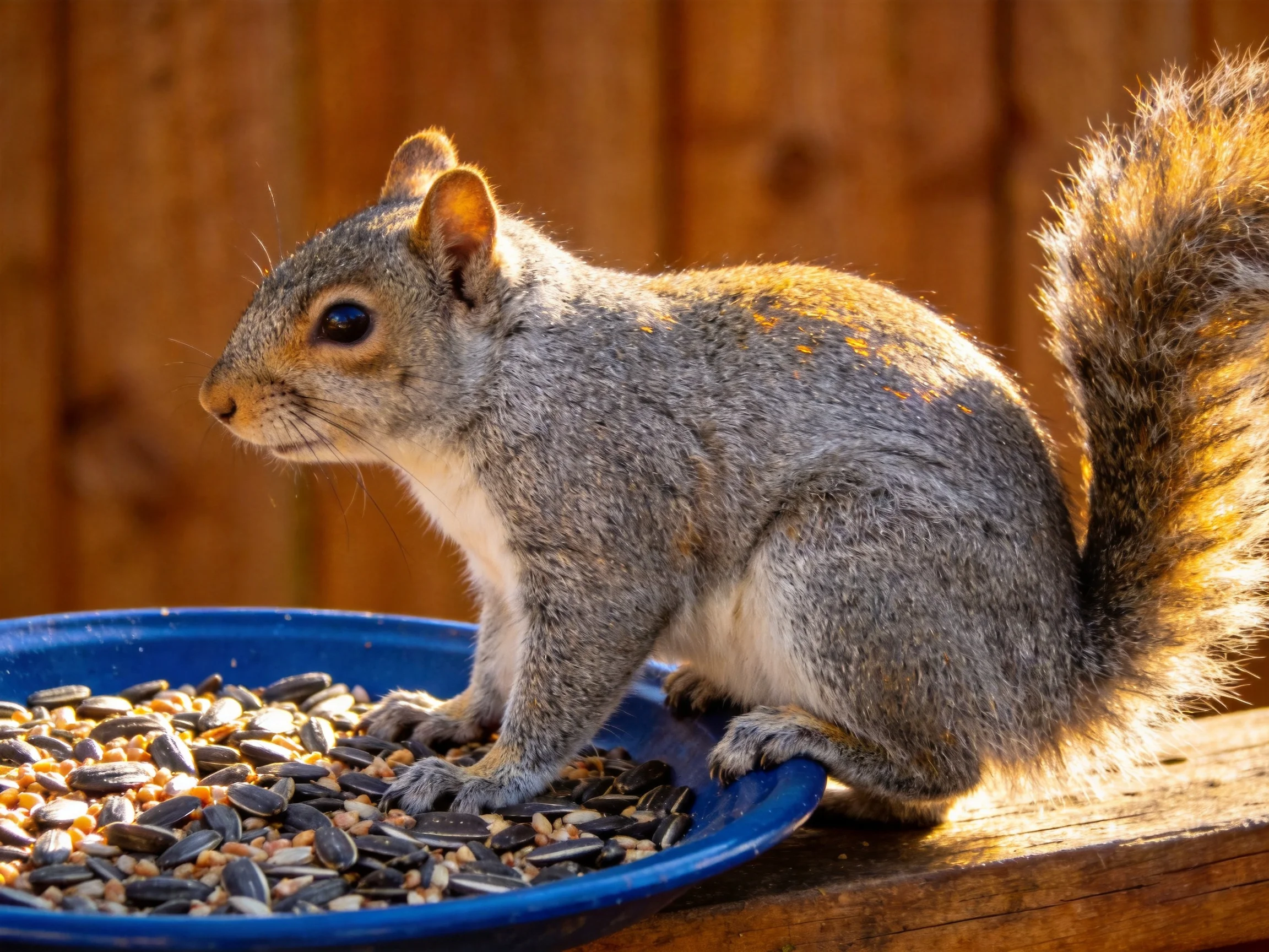 A gray squirrel perches on a blue seed dish near a wooden fence
