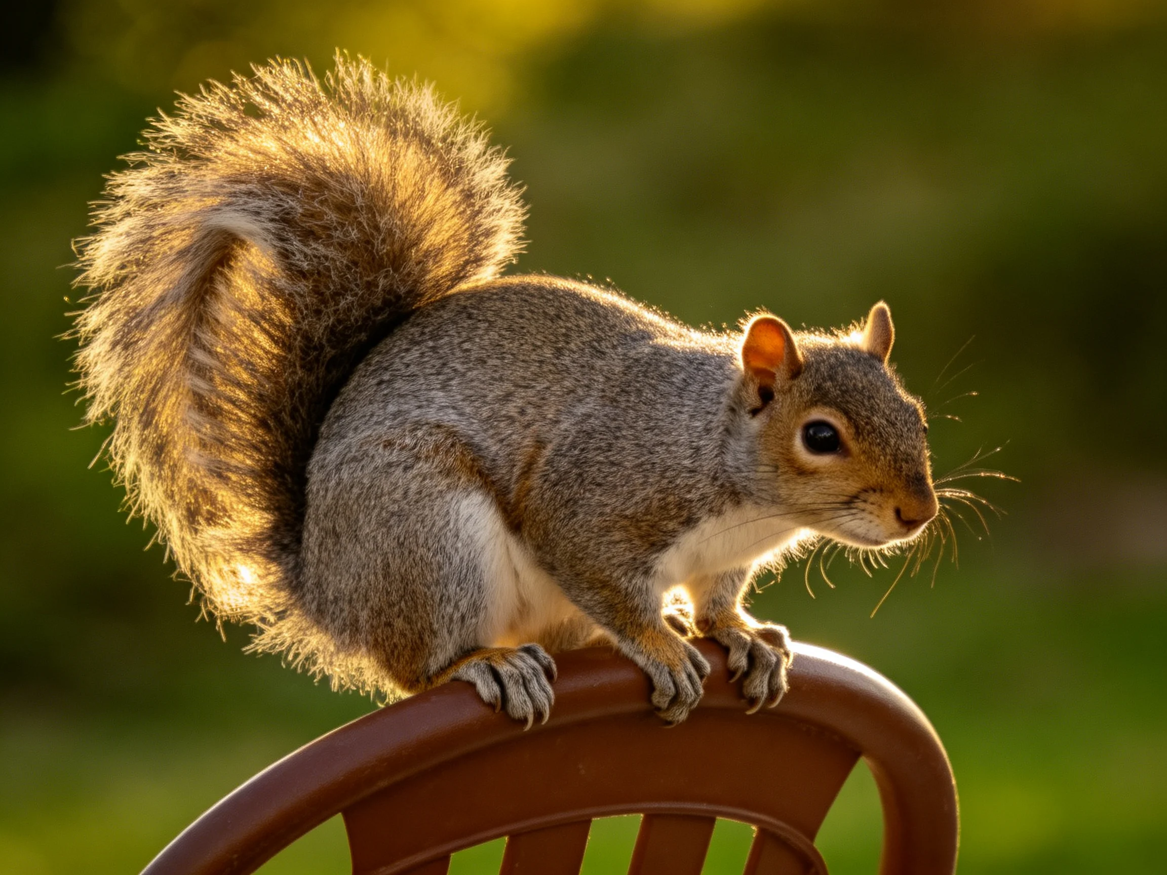 A gray squirrel perches on a brown chair under golden sunlight