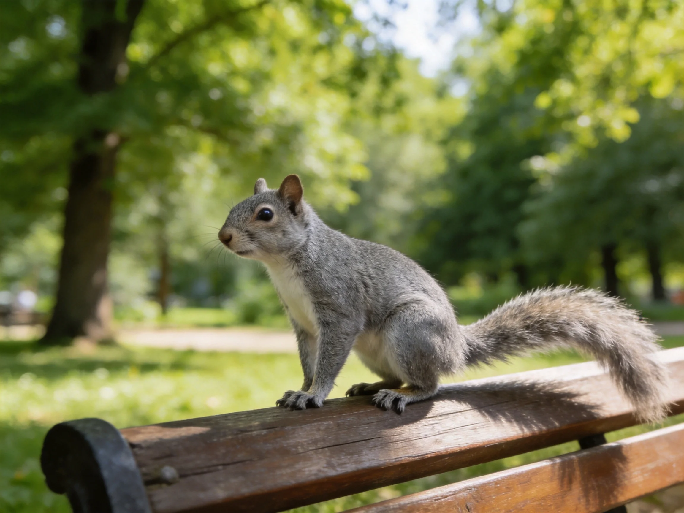 A gray squirrel perches on a brown wooden park bench