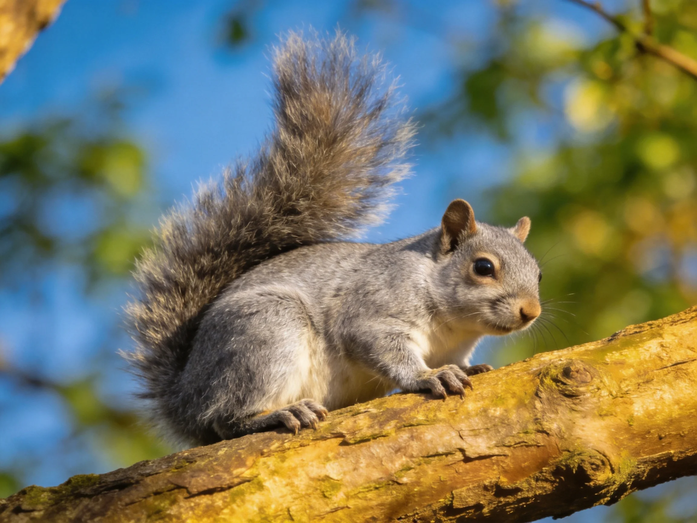 A gray squirrel perches on a textured tree branch under a clear blue sky