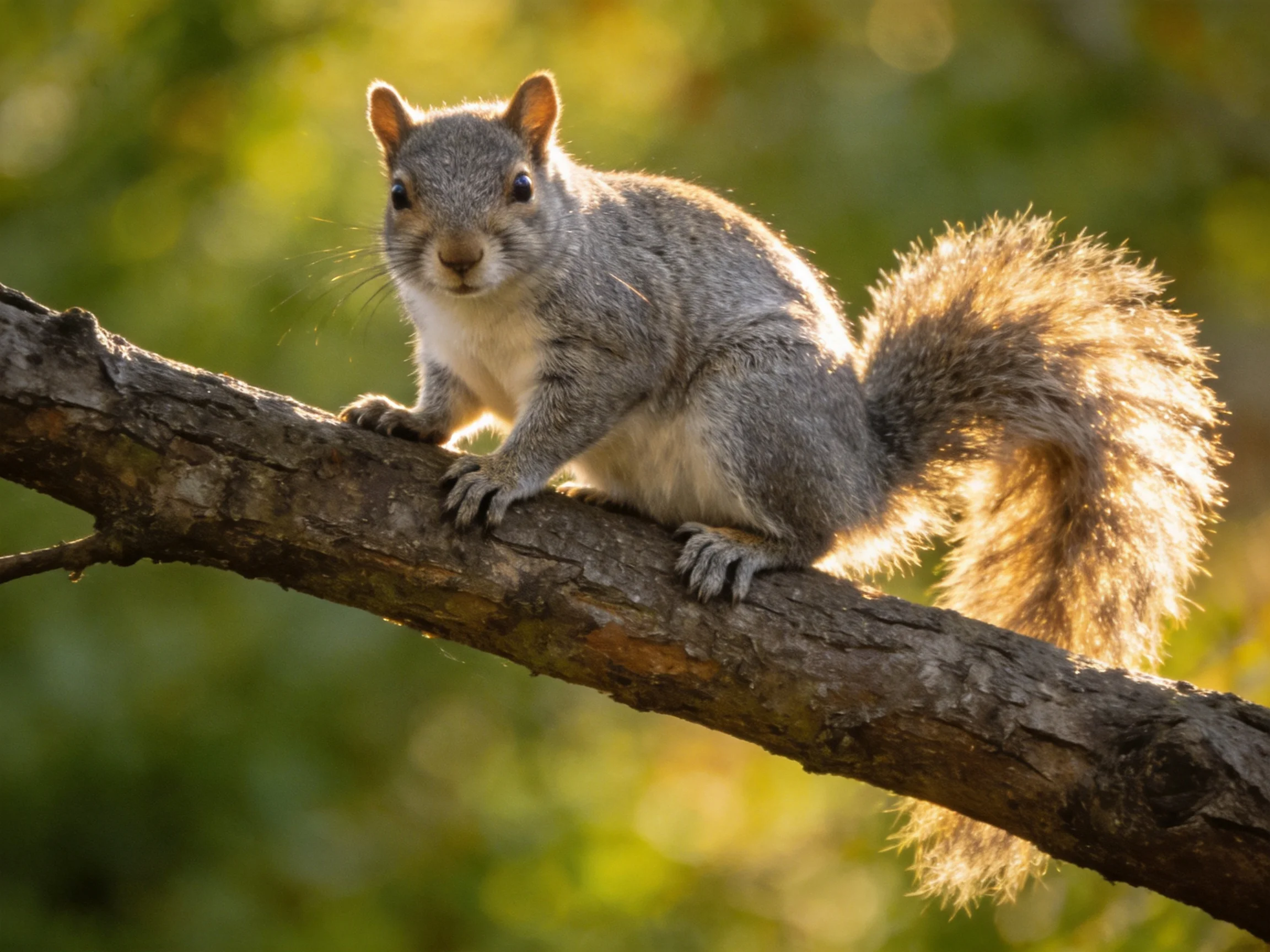 A gray squirrel sits on a tree branch in a sunlit natural setting.