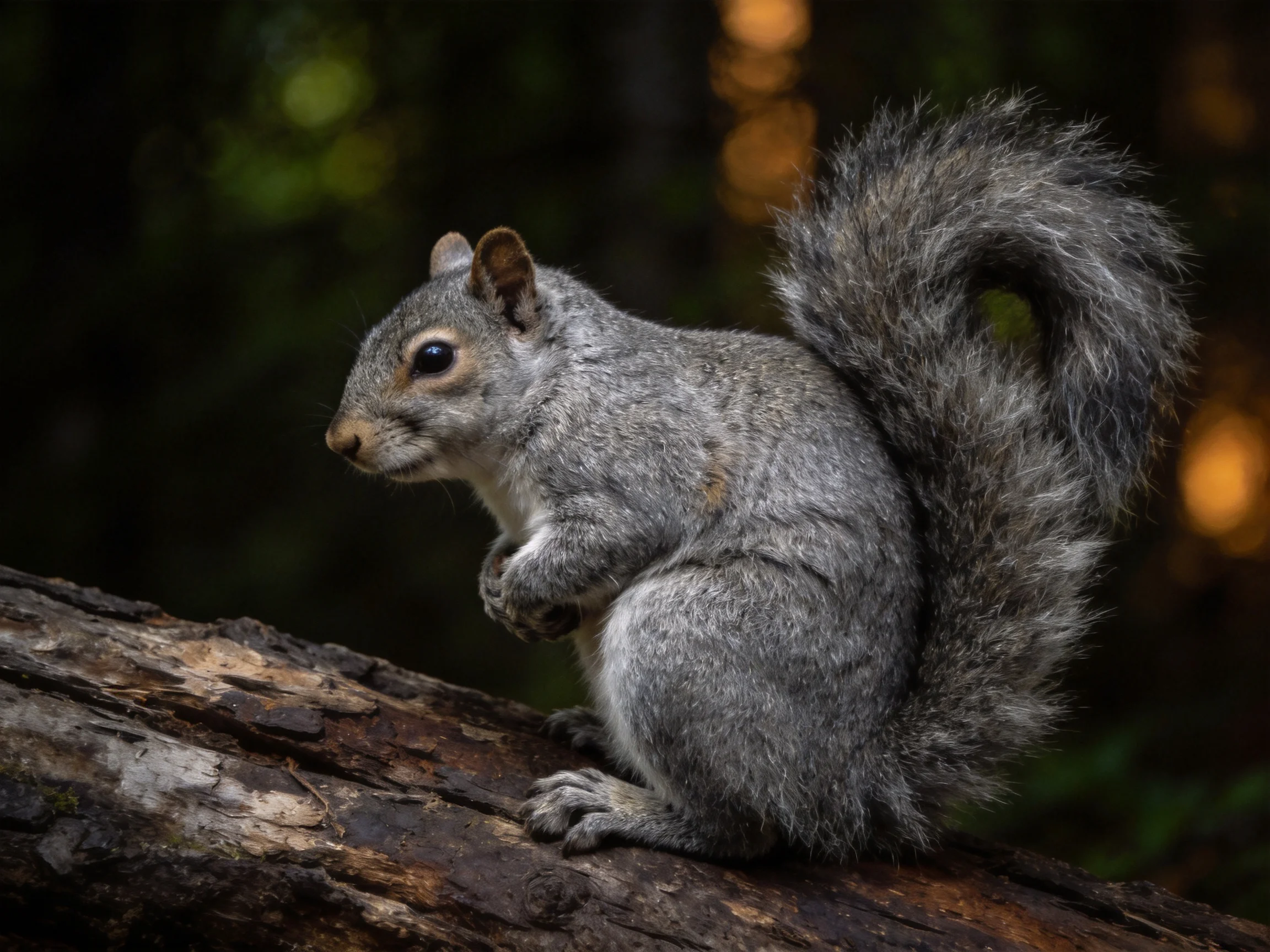 A gray squirrel perches on a weathered tree trunk in dim forest surroundings.