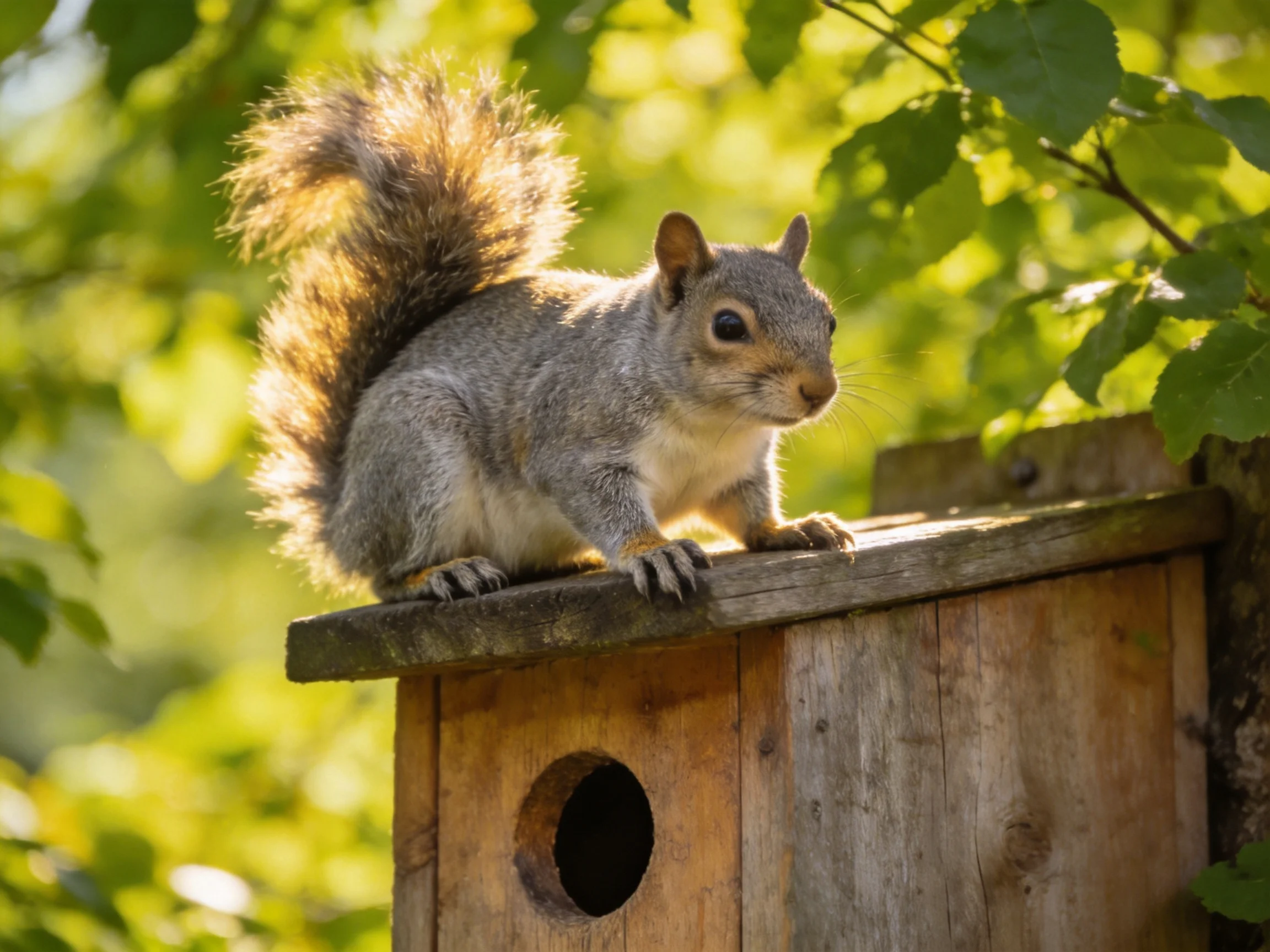 A gray squirrel perches on an aged wooden birdhouse among vibrant green foliage