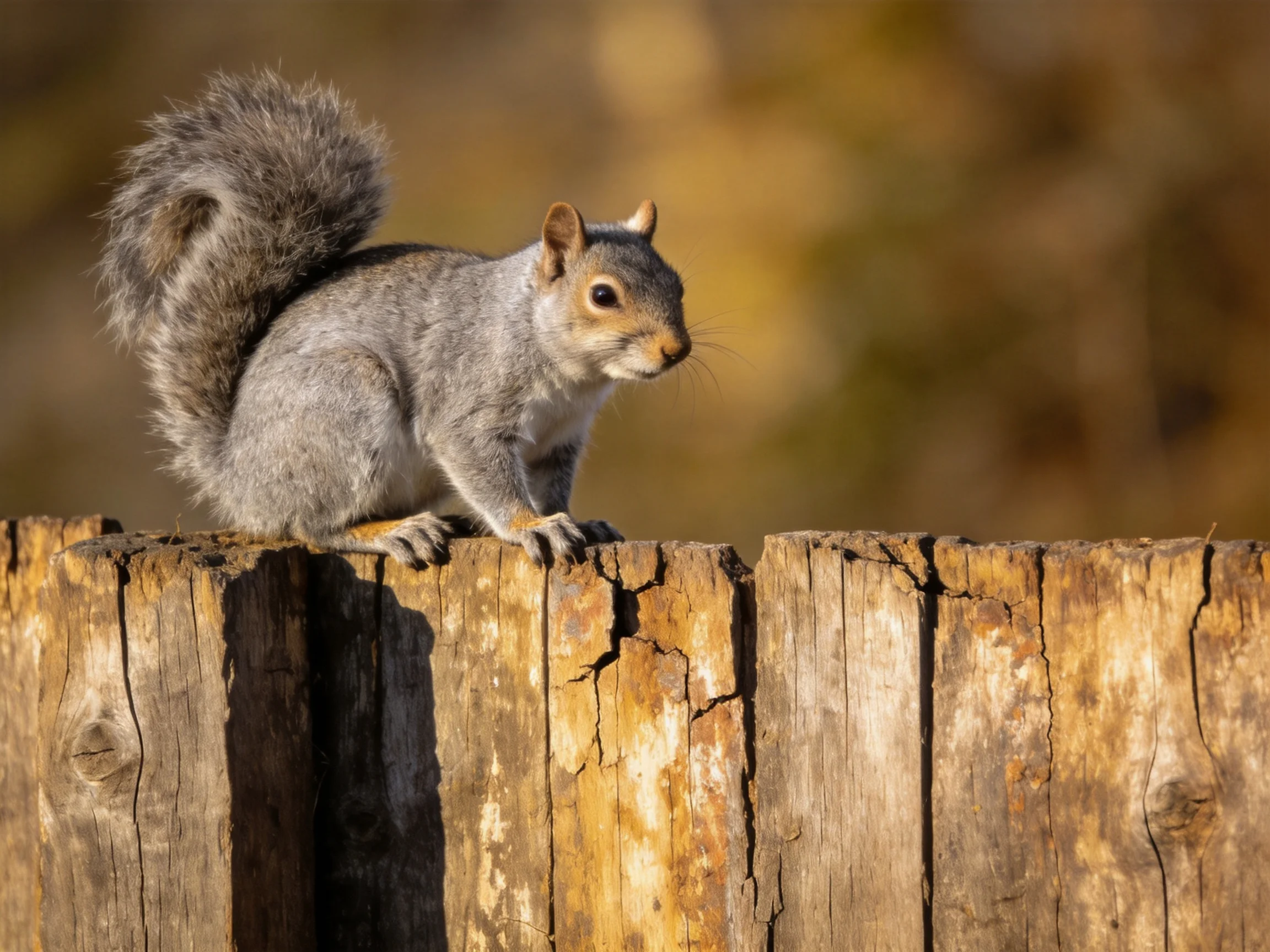 A gray squirrel stands on an aged wooden fence post.