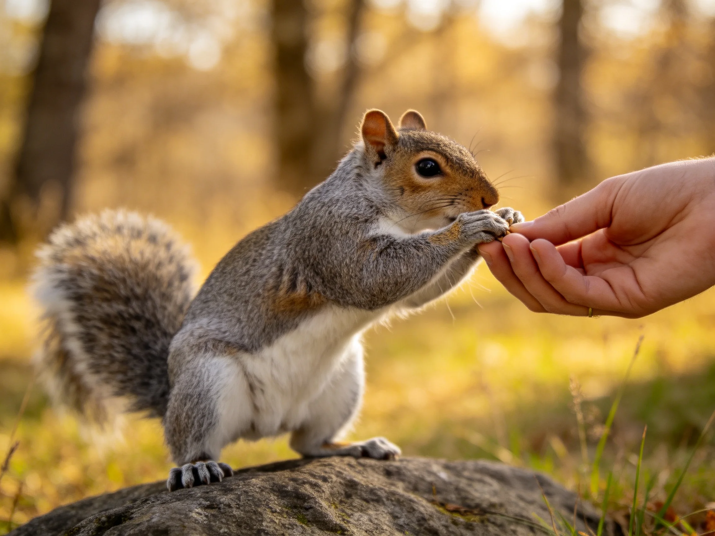 A gray squirrel receives food from a human hand in a sunlit forest