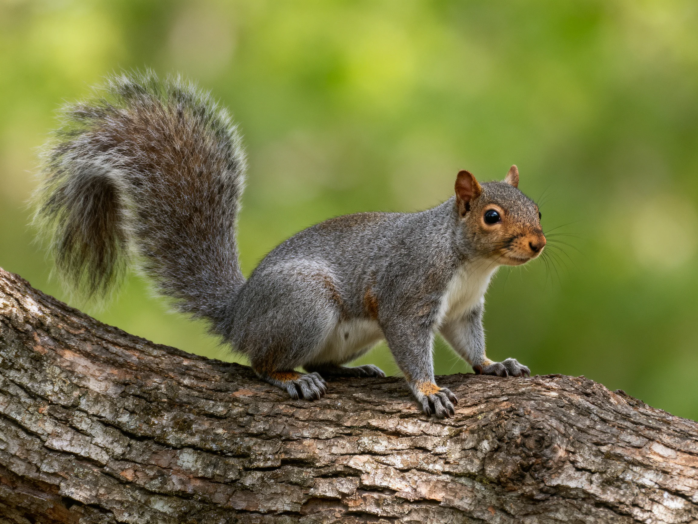 A gray squirrel rests on a textured tree trunk in a green forest