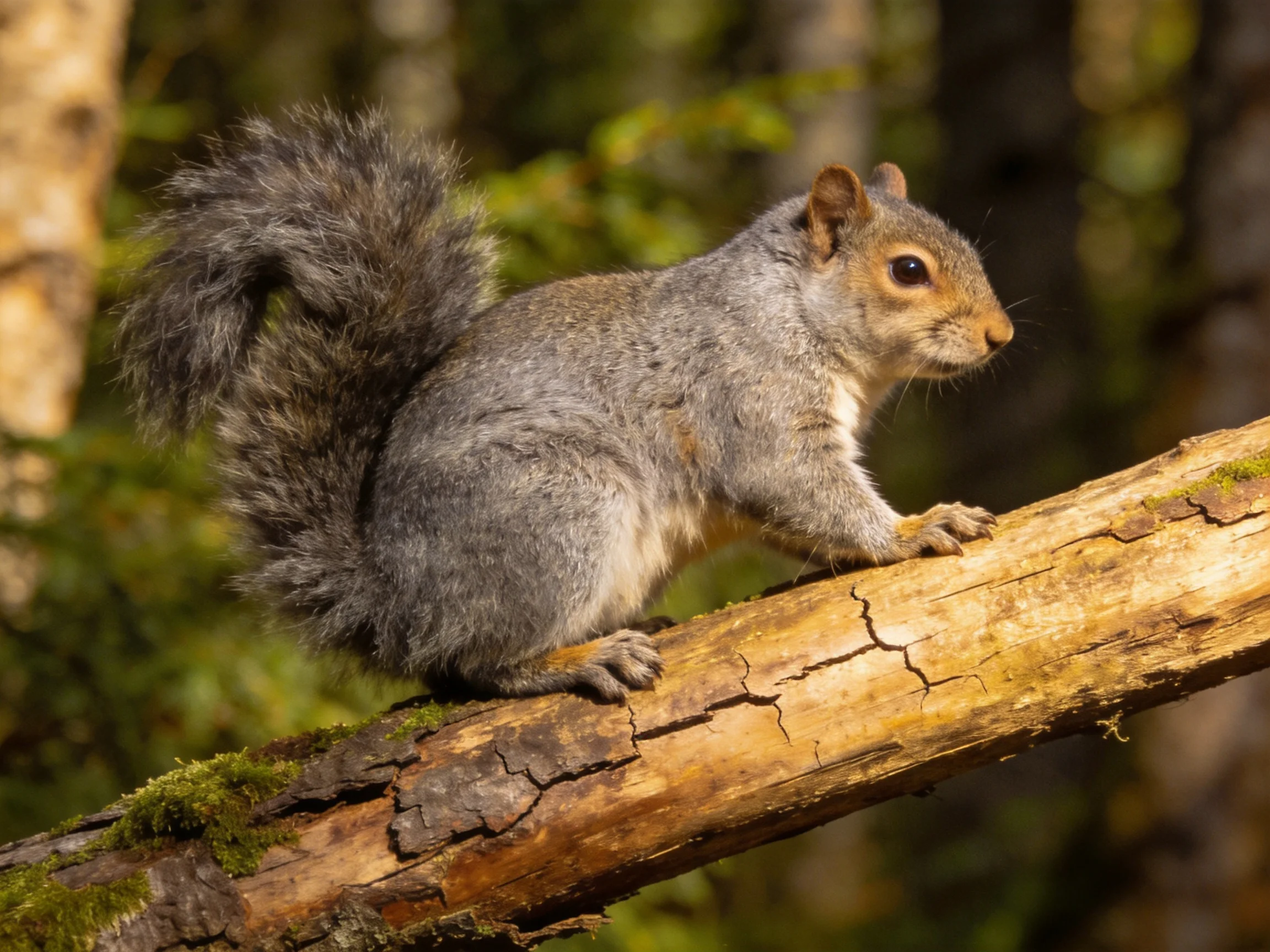 A gray squirrel stands on a weathered log amid forest greenery