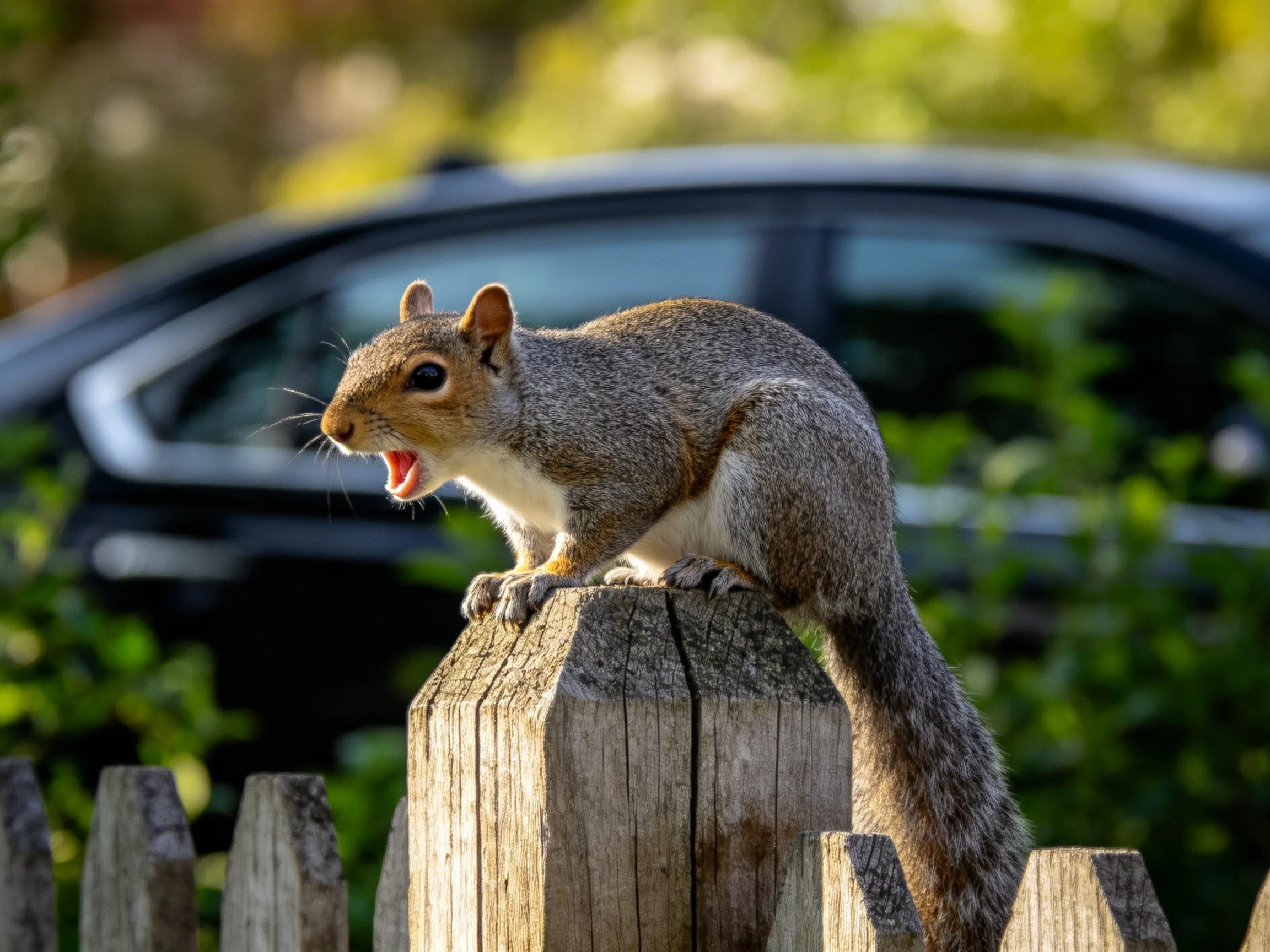 A gray squirrel is on a wooden fence post with a black car in the background