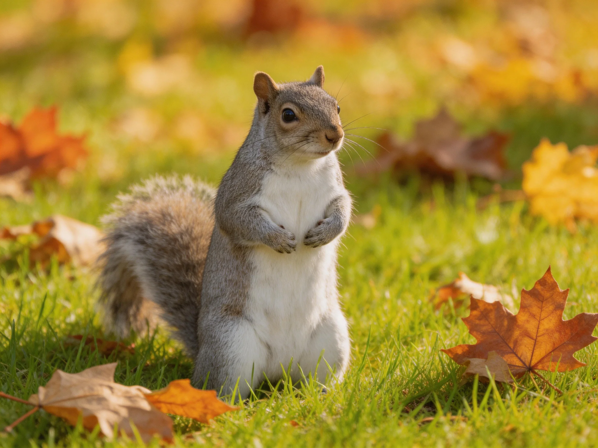 A gray squirrel stands amid colorful autumn leaves on lush green grass