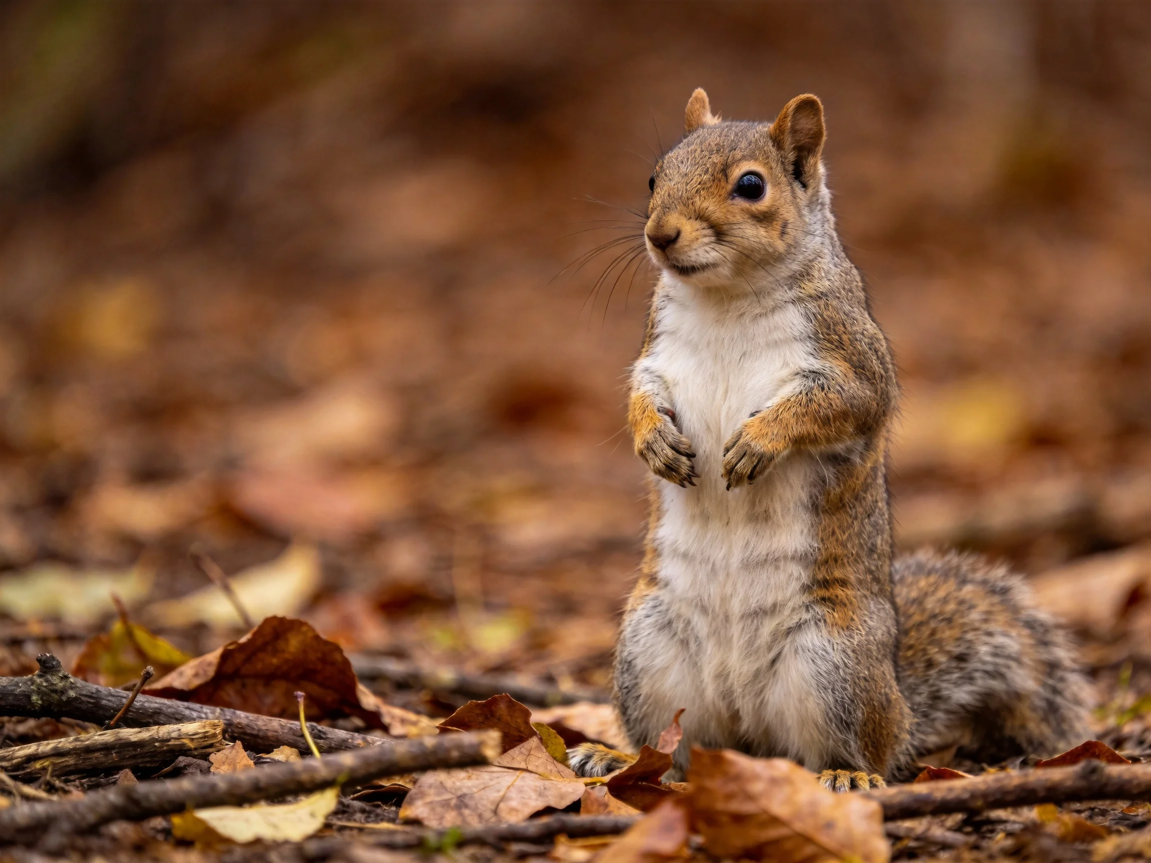 A gray squirrel stands among scattered autumn leaves in a forest