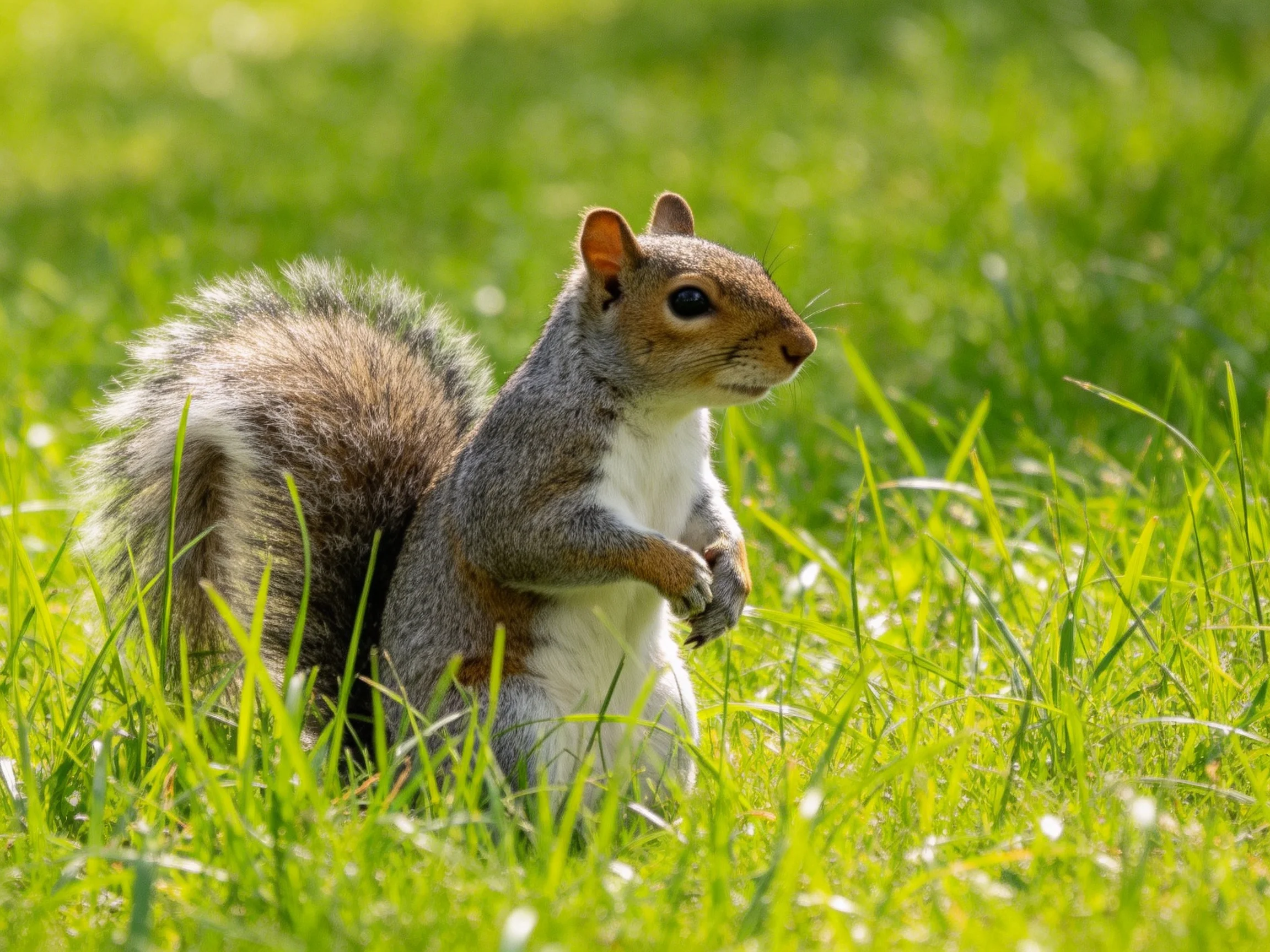 A gray squirrel sits upright in a sunlit expanse of tall green grass.