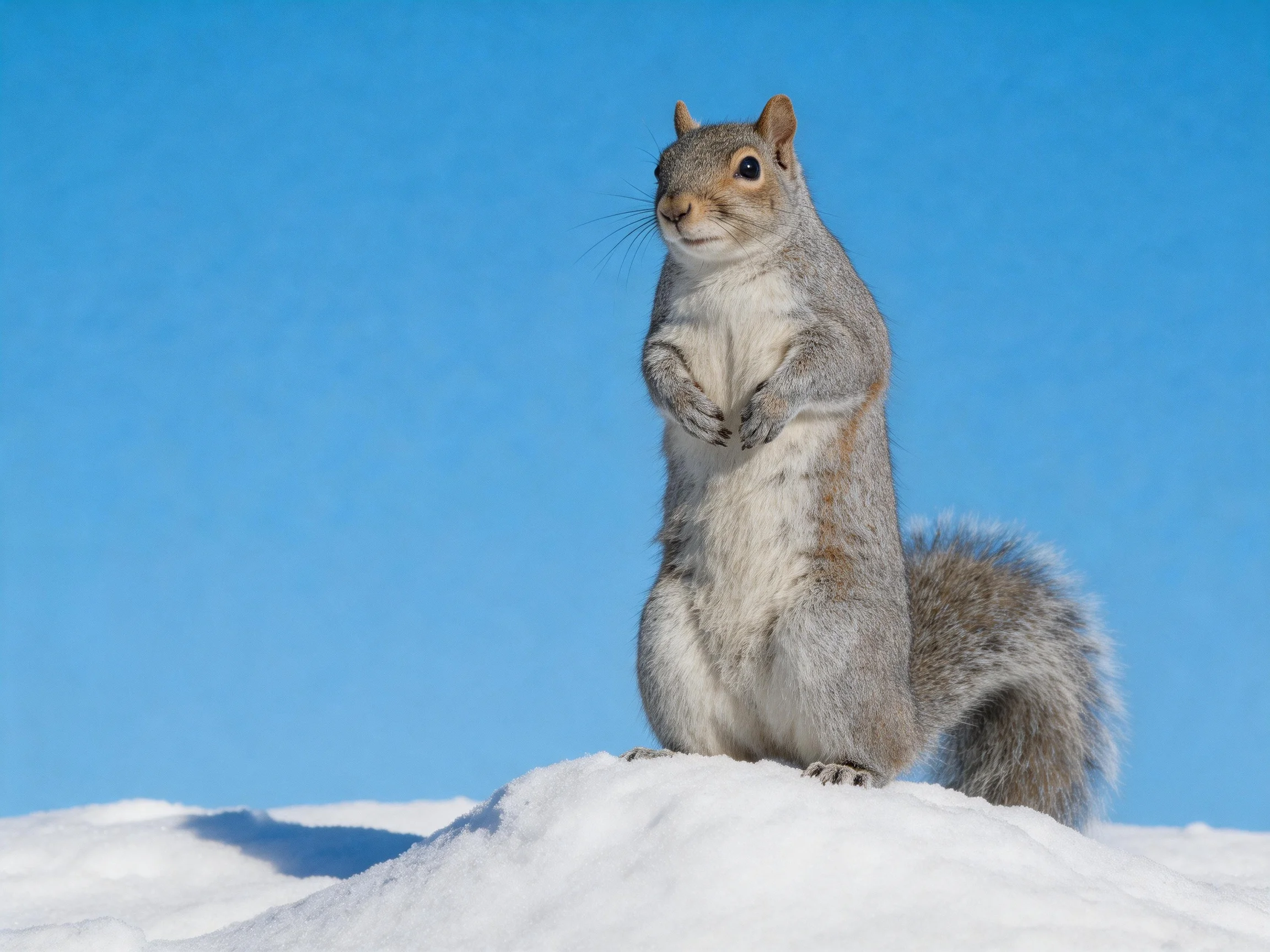 A gray squirrel stands on a snow mound with a clear blue sky