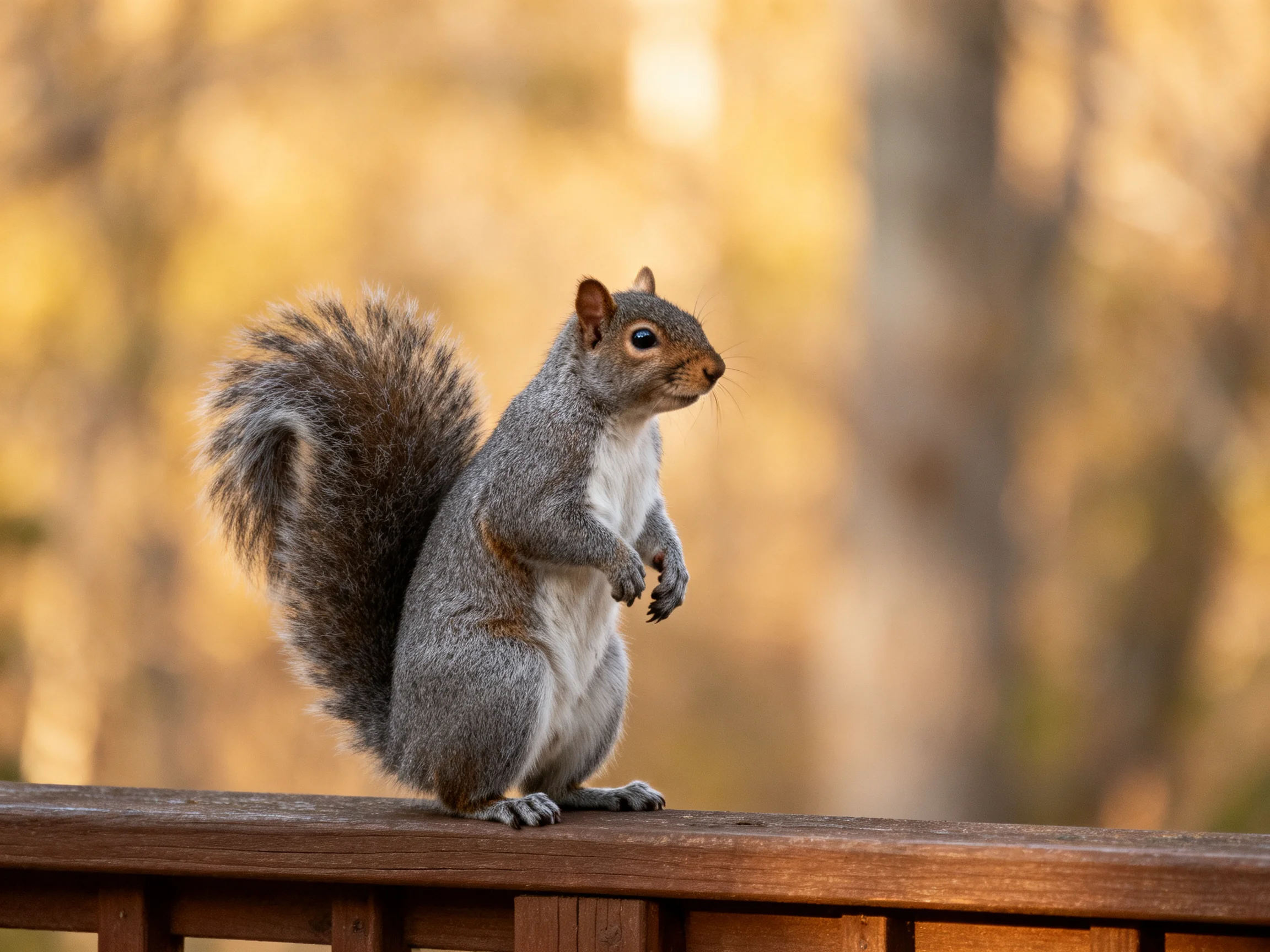 A gray squirrel stands on a wooden railing with golden bokeh background